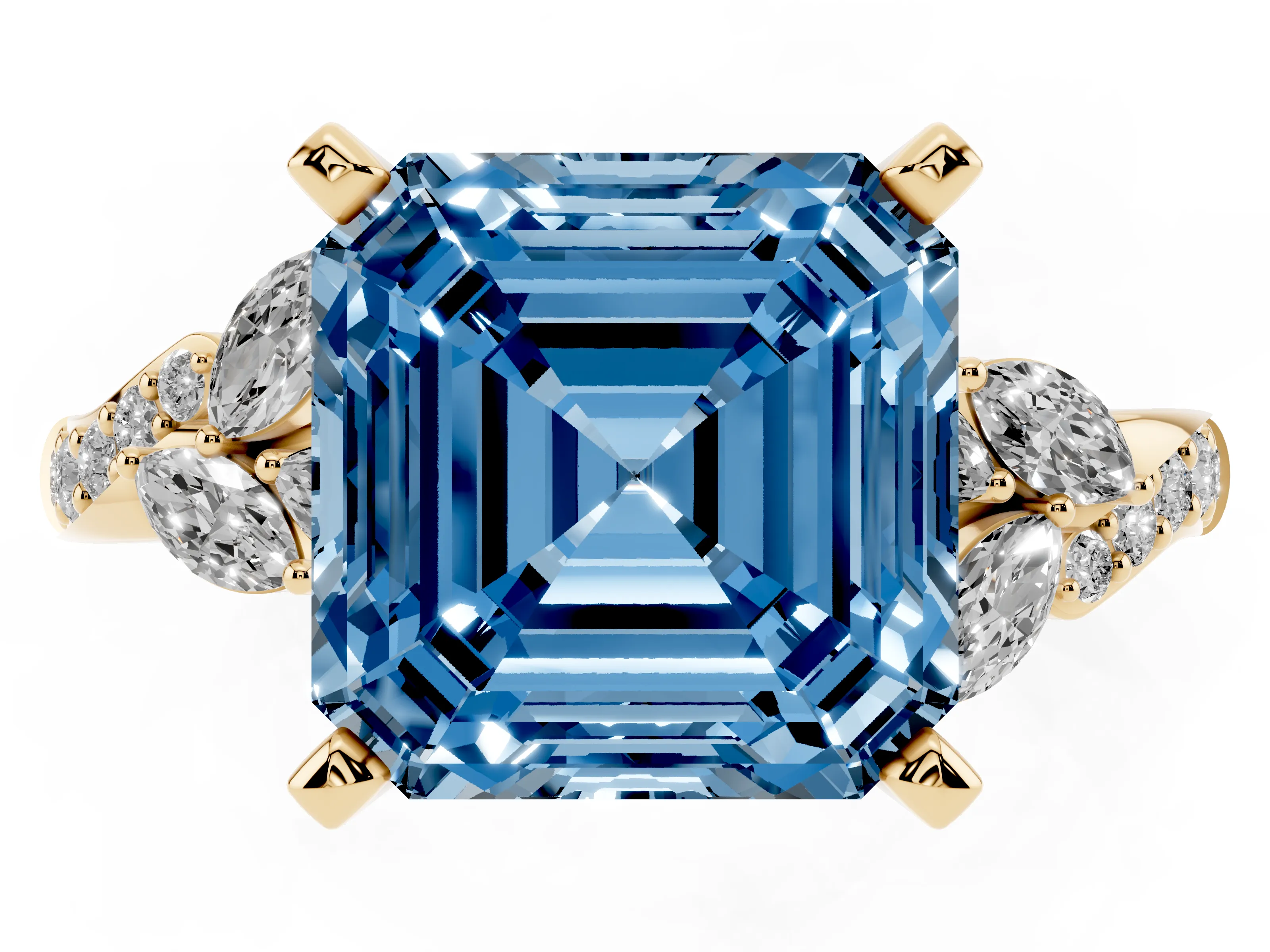 Fancy Blue Asscher Cut Diamond Solitaire Ring Set in Yellow gold with Marquise Twist Band and Prong Setting