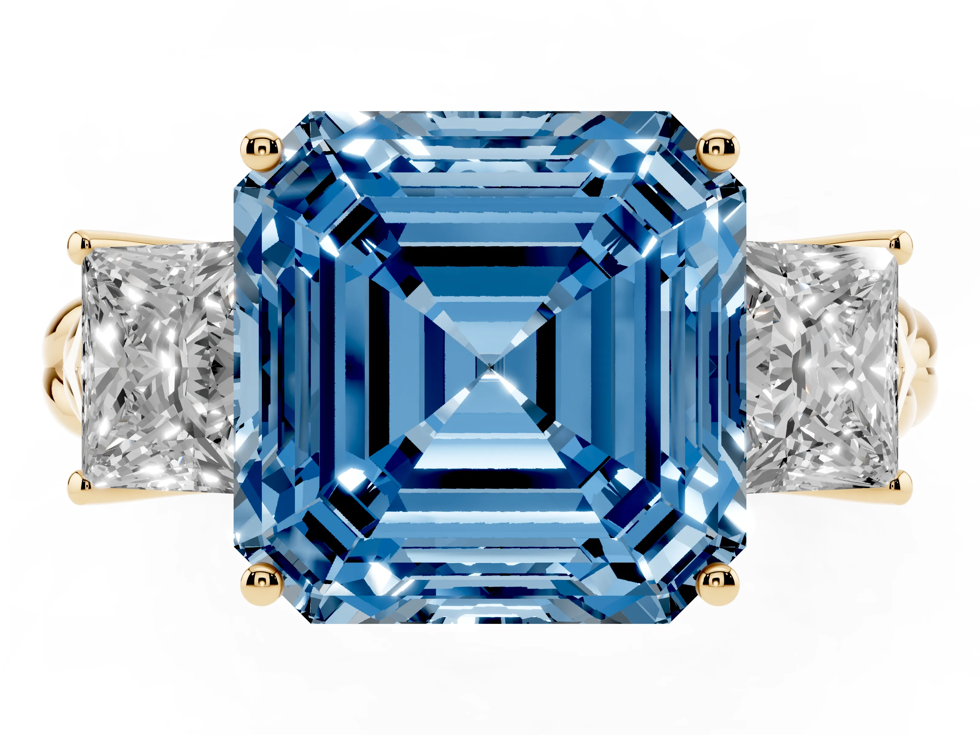 Fancy Blue Asscher Cut Diamond Three-Stone Ring Set in Yellow gold with Braided Band