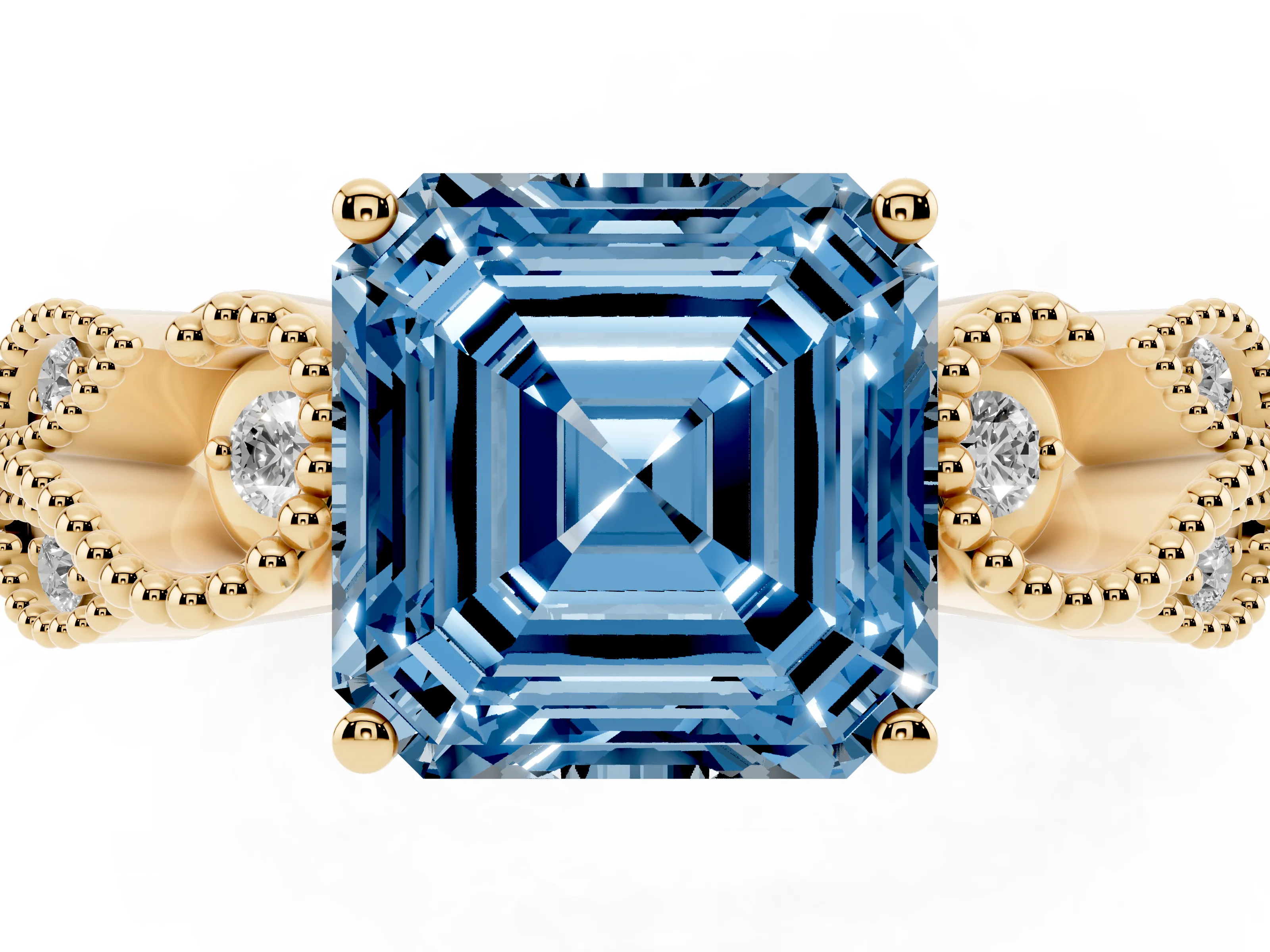 Fancy Blue Asscher Cut Diamond Milgrain Leaf Band Solitaire Ring Set in Yellow gold with Accent Stones and Prong Setting