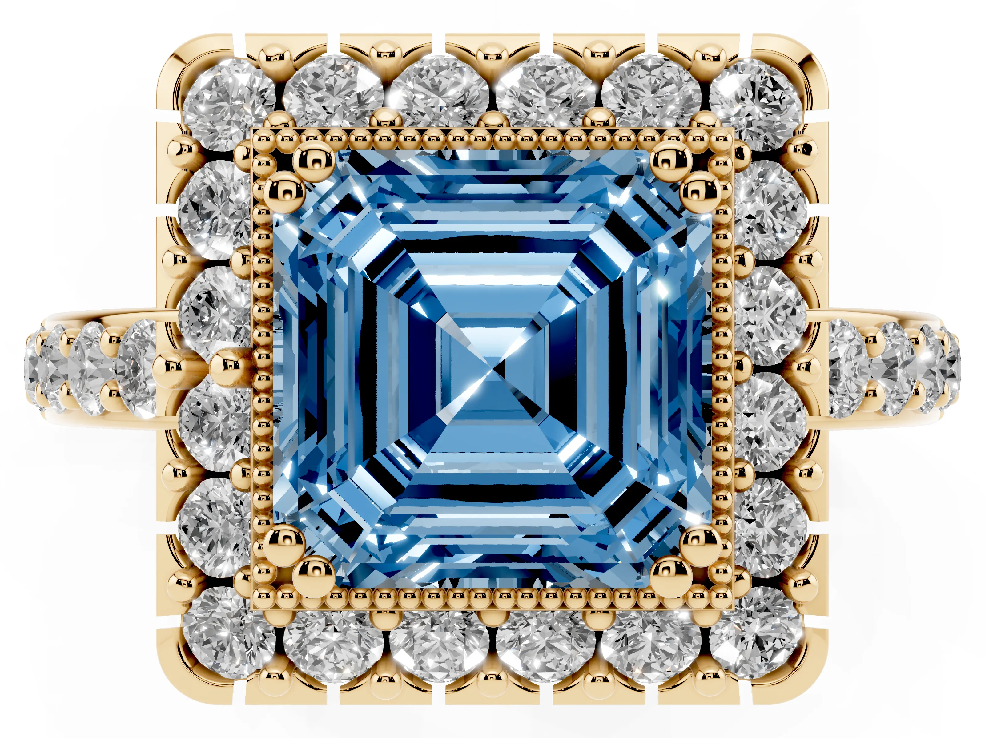 Fancy Blue Asscher Cut Diamond Halo Ring Set in Yellow gold with Pavé Shank and Prong Setting