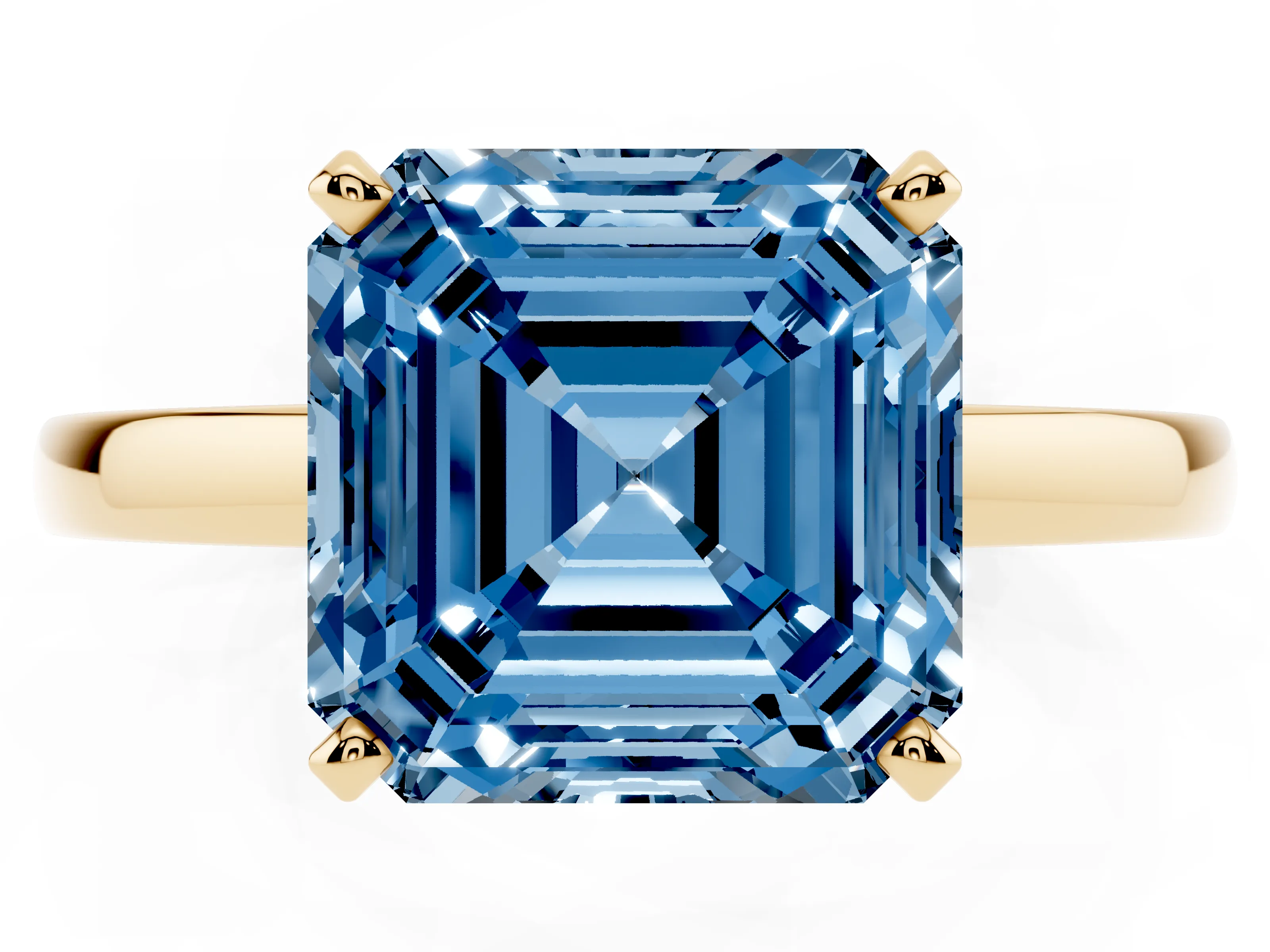 Fancy Blue Asscher Cut Diamond Solitaire Engagement Ring Set in Yellow gold with Prong Setting on a Classic Band