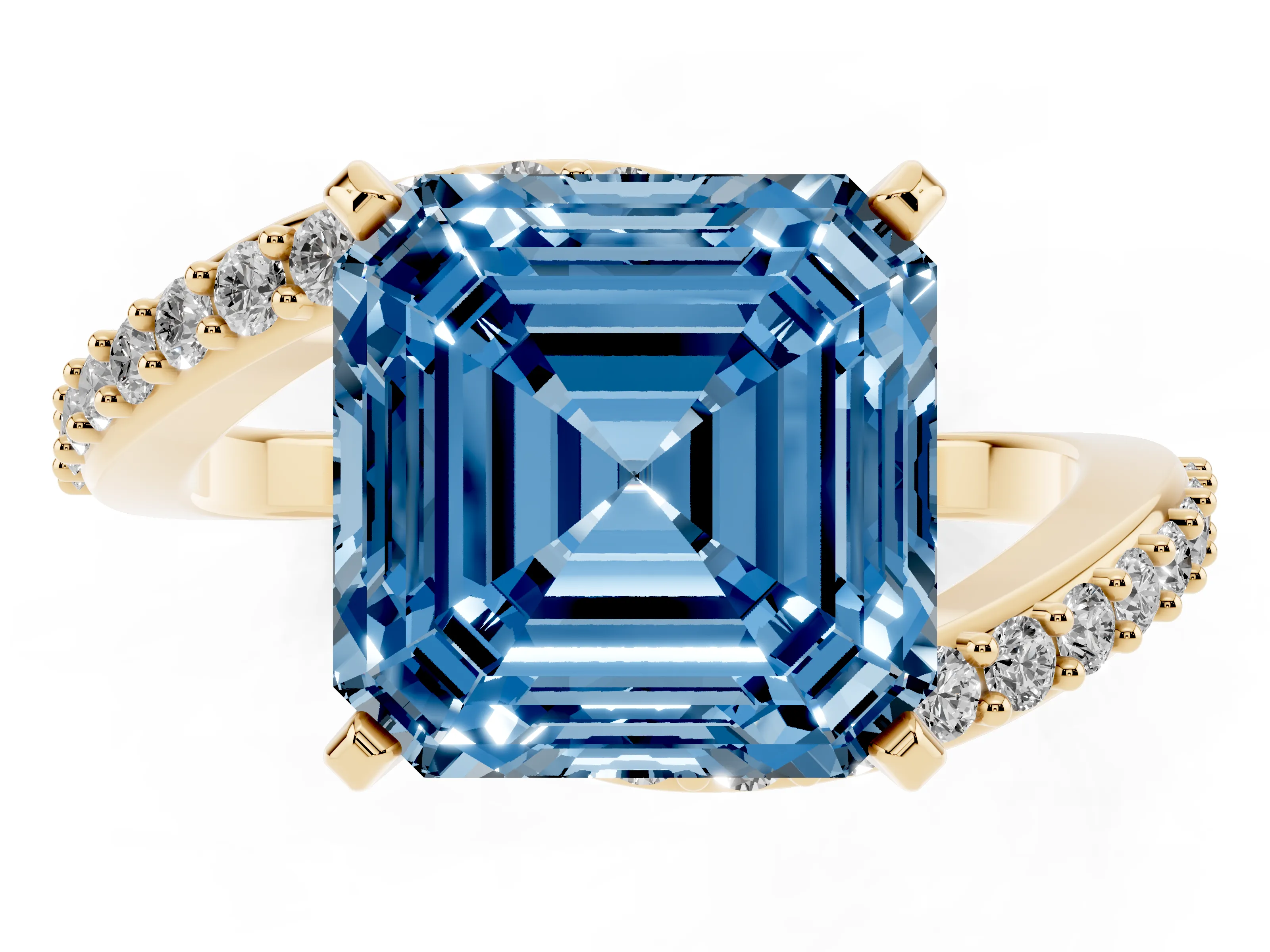 Fancy Blue Asscher Cut Diamond Solitaire Ring Set in Yellow gold with Pavé Twist Band and Prong Setting