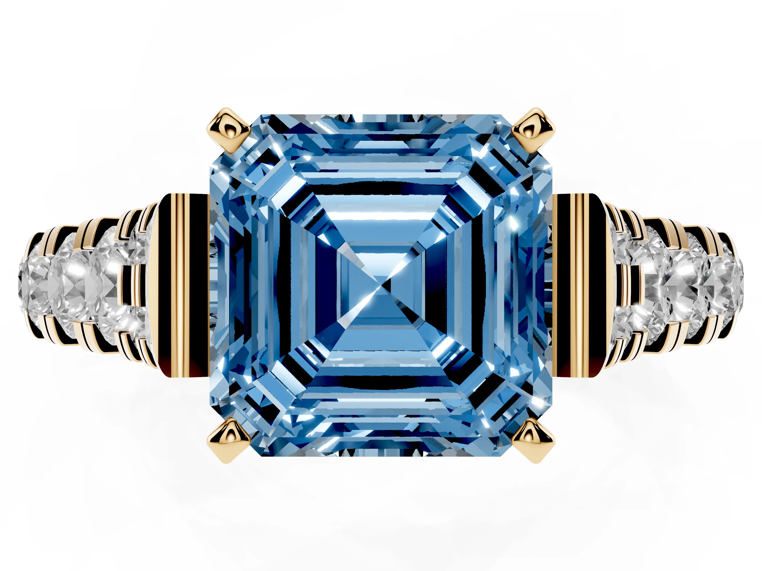 Fancy Blue Asscher Cut Diamond Classic Solitaire Ring Set in Yellow gold with Pavé Band and Prong Setting