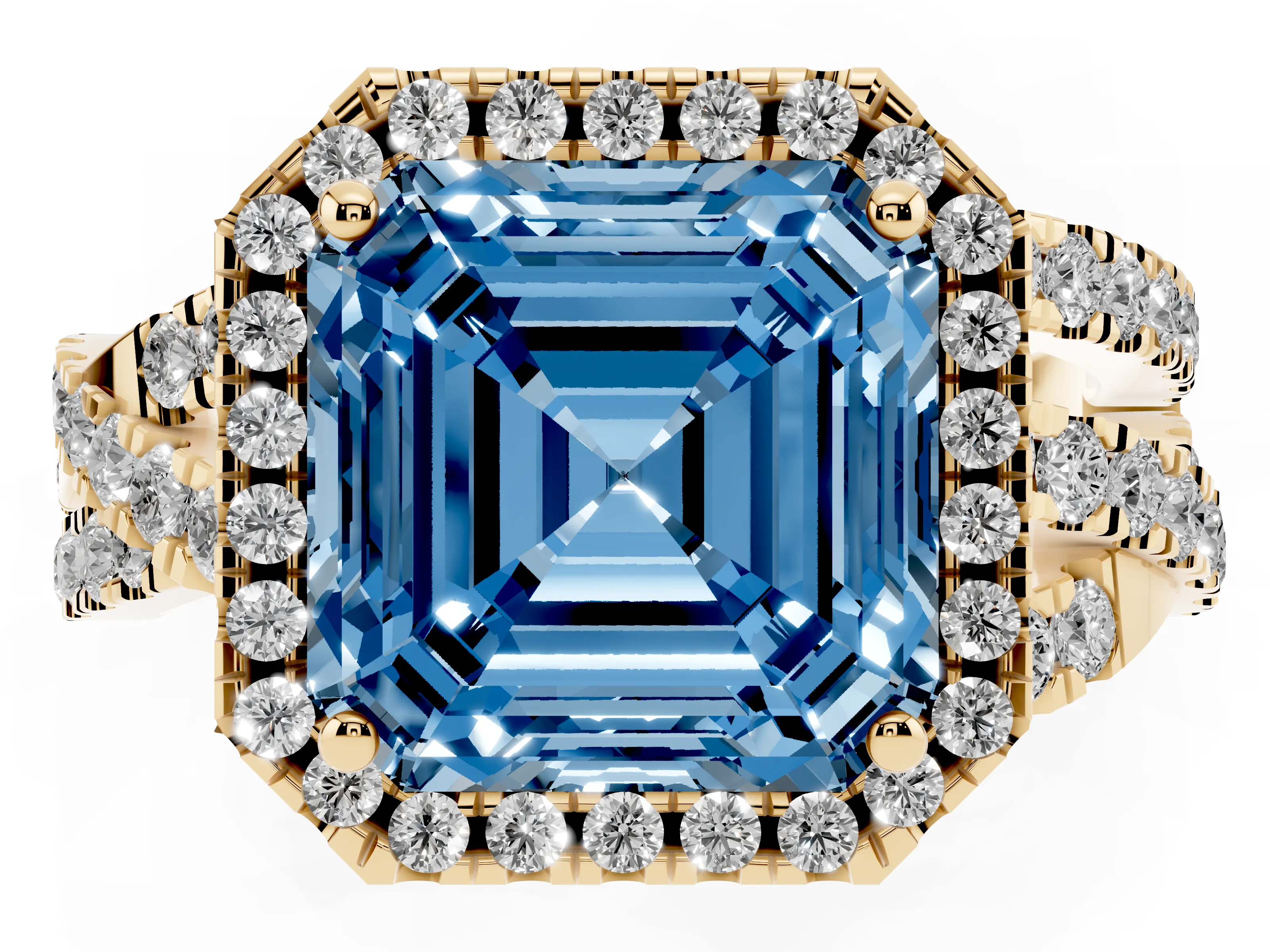 Fancy Blue Asscher Cut Diamond Halo Ring Set in Yellow gold with Round Crossover Split Shank and Prong Setting