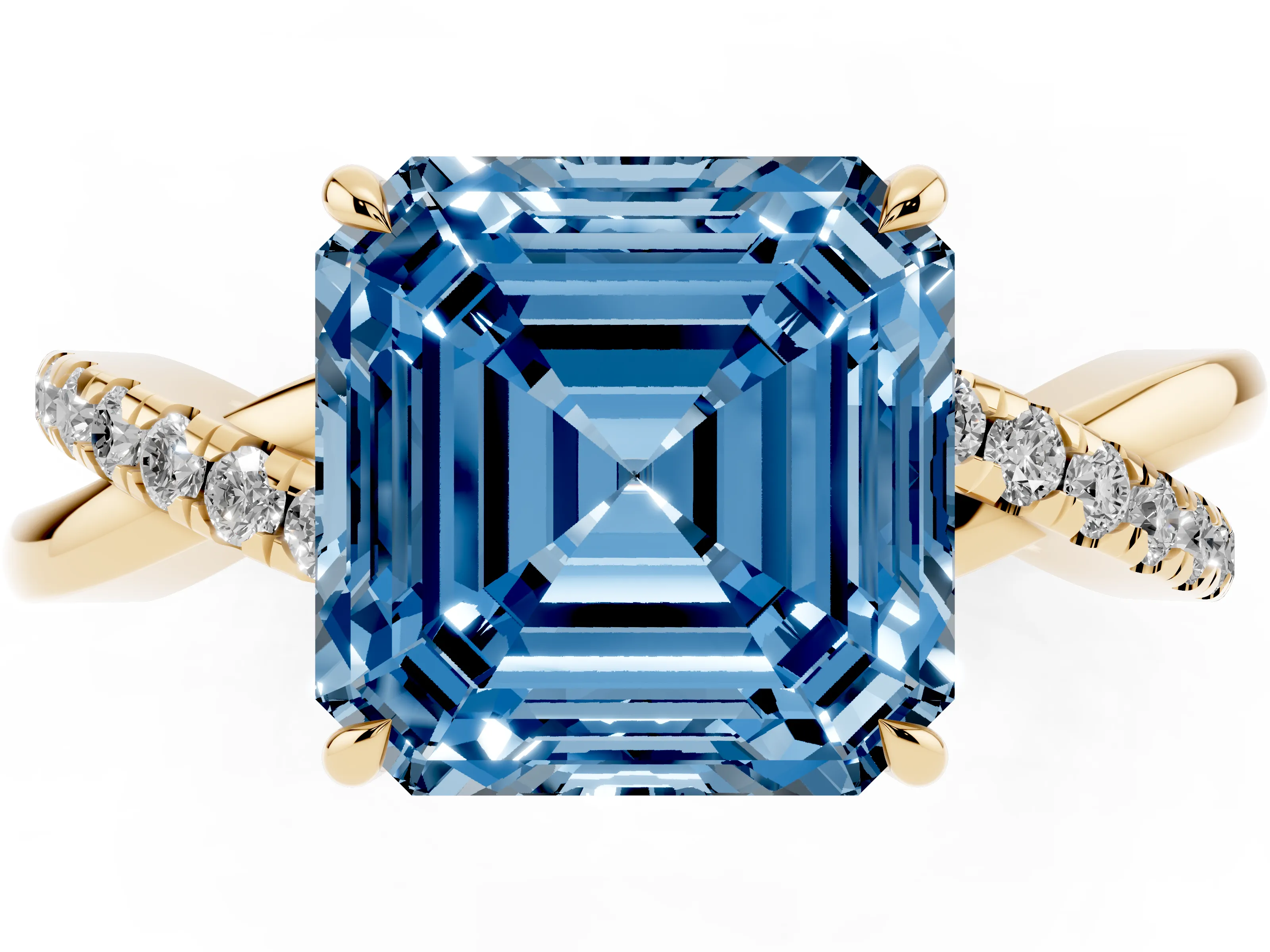 Fancy Blue Asscher Cut Diamond Twisted Pavé Band Ring Set in Yellow gold with Prong Setting