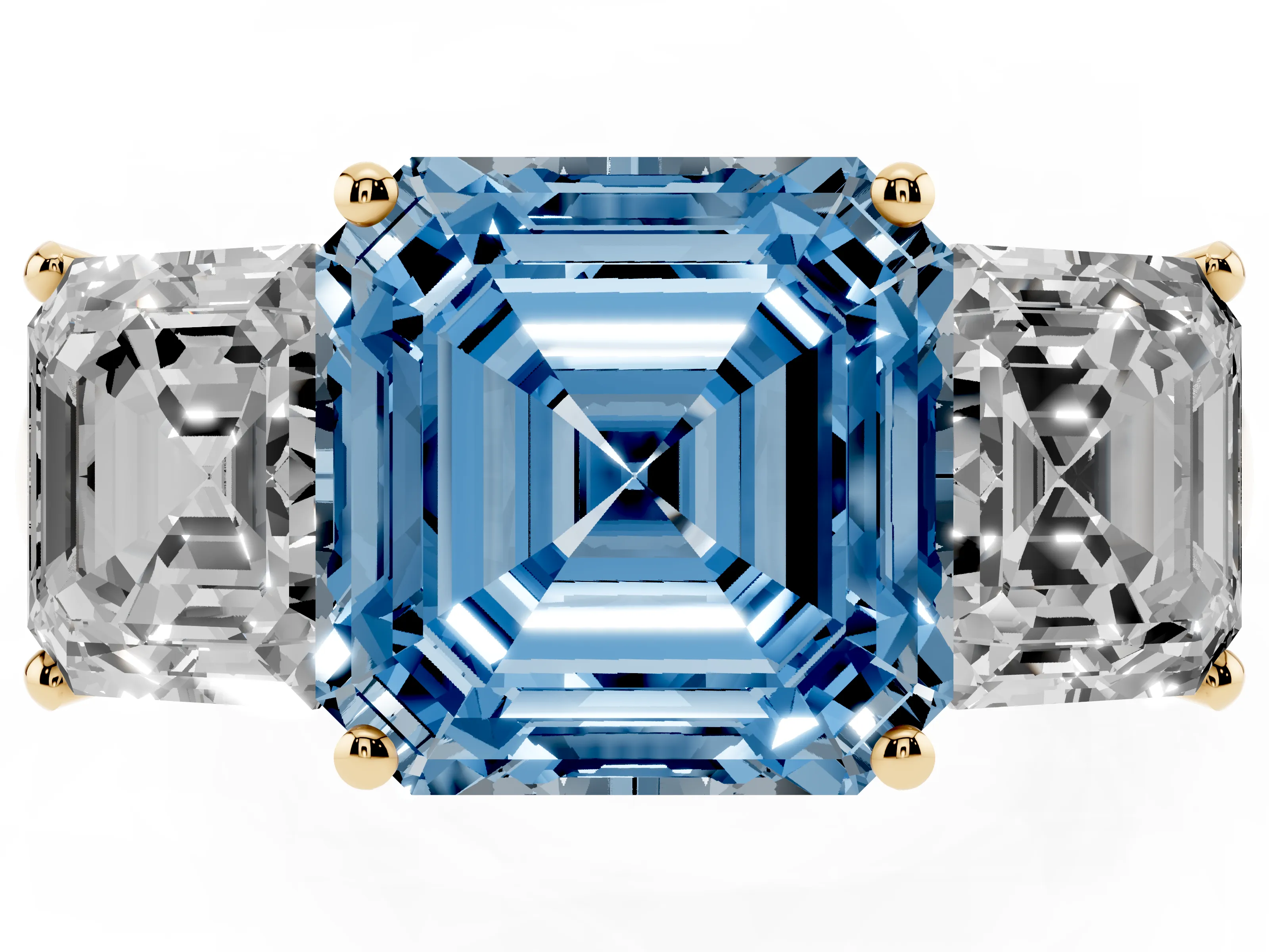 Fancy Blue Asscher Cut Diamond Three-Stone Ring Set in Yellow gold with Classic Prong Setting and Plain Band