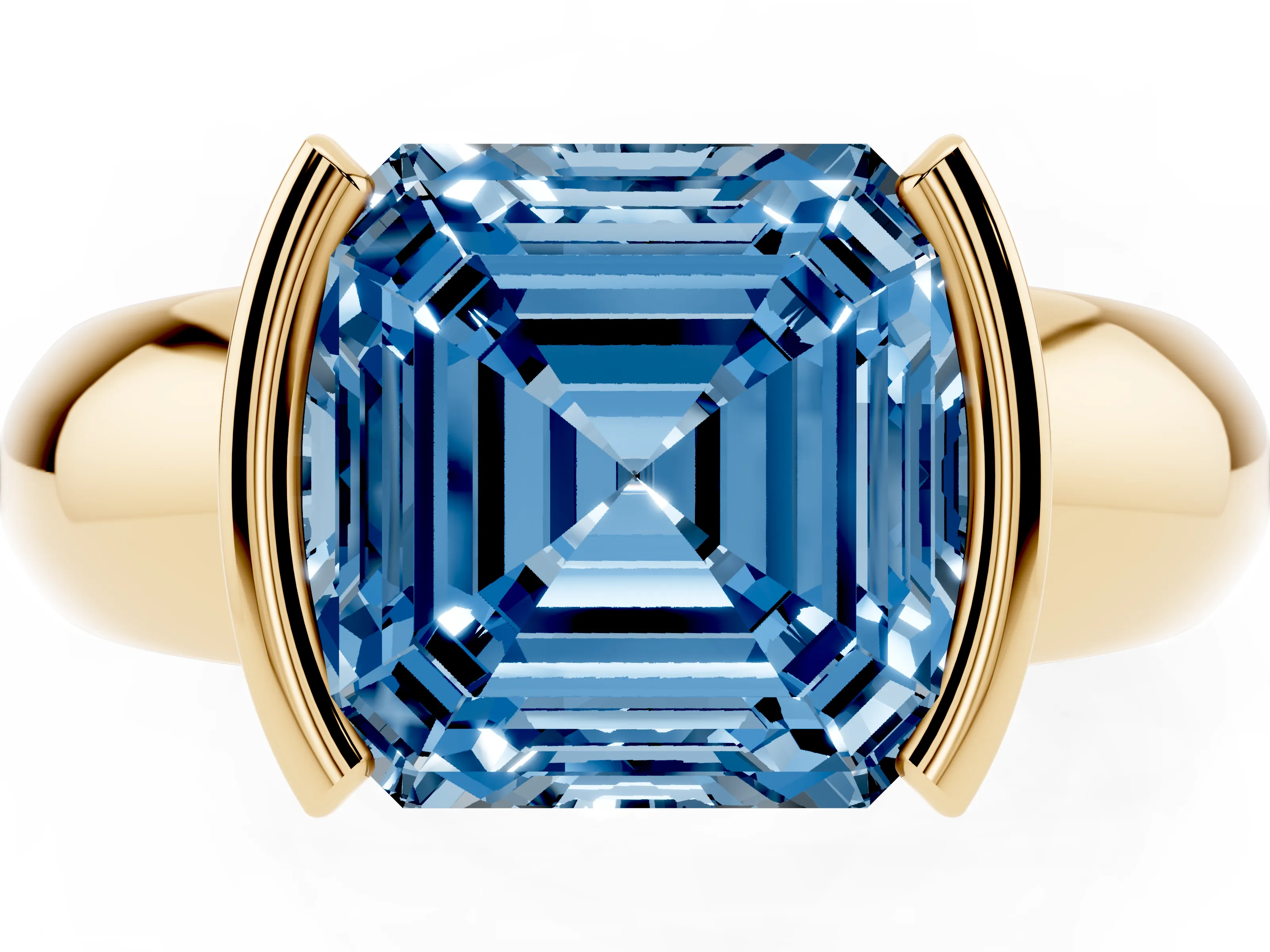 Fancy Blue Asscher Cut Diamond Solitaire Tension Set Ring Set in Yellow gold with Wide Band