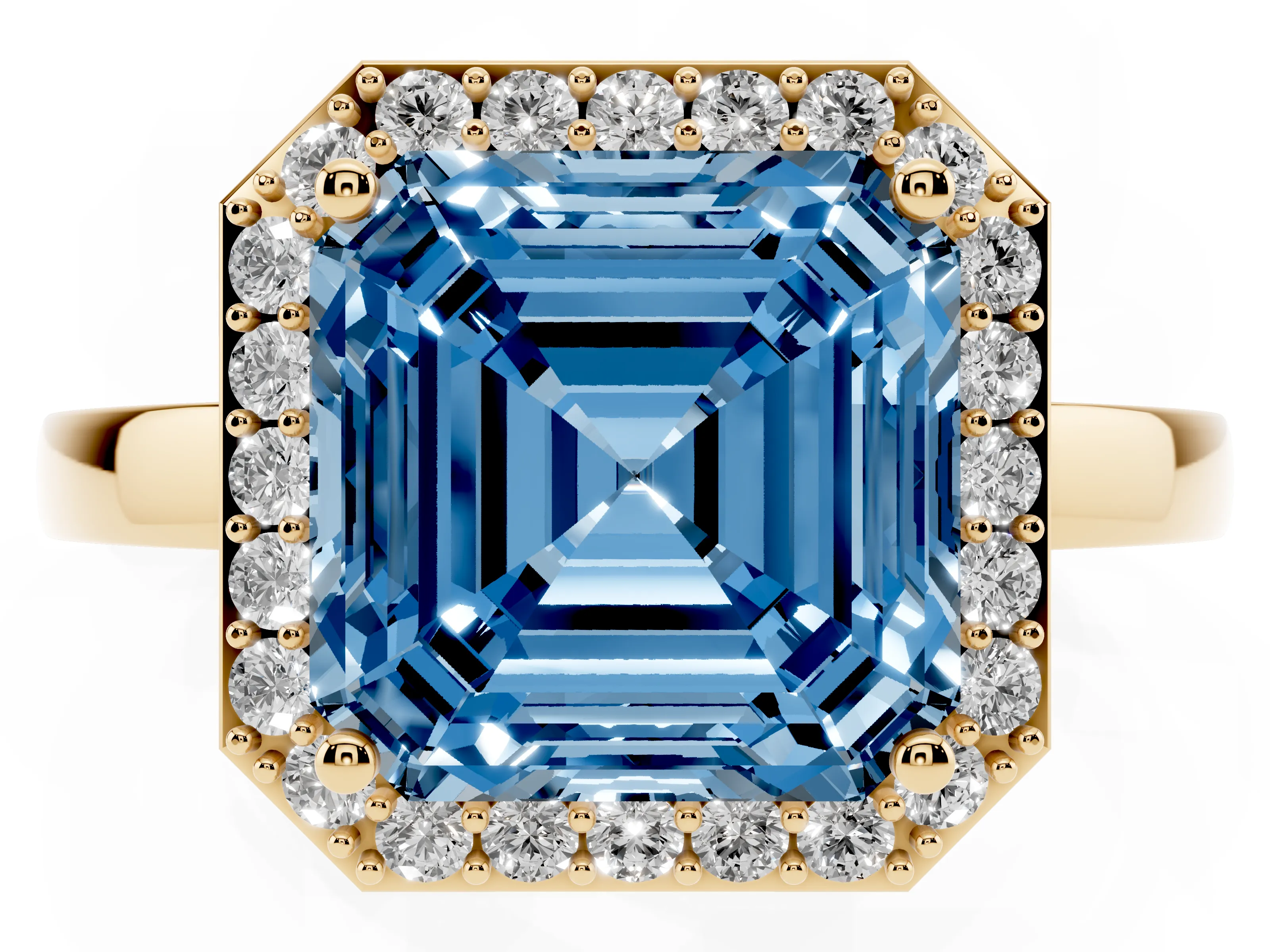 Fancy Blue Asscher Cut Diamond Halo Ring Set in Yellow gold with Solitaire Band and Prong Setting