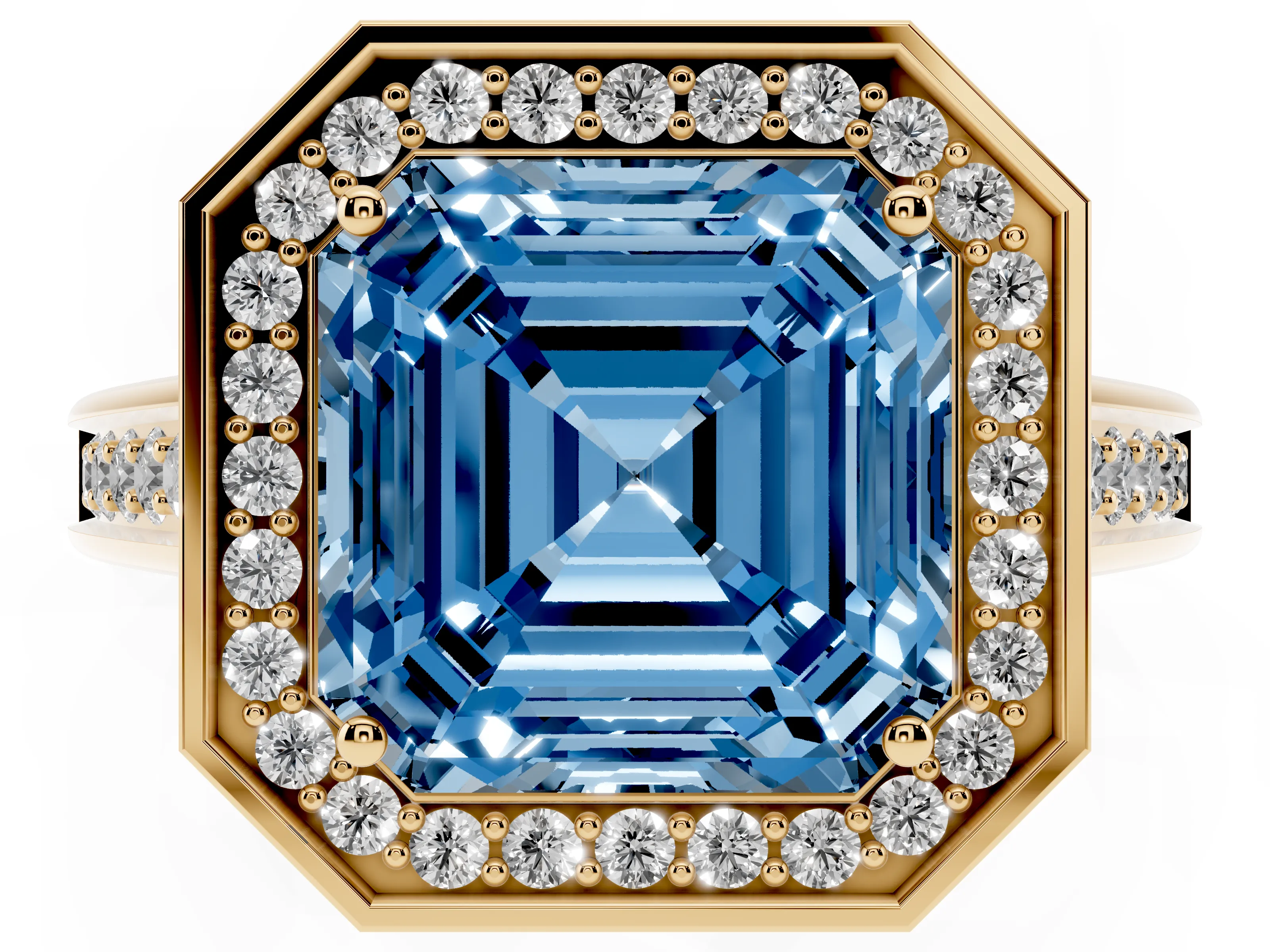 Fancy Blue Asscher Cut Diamond Halo Solitaire Ring Set in Yellow gold with Pavé Band and Bezel Setting