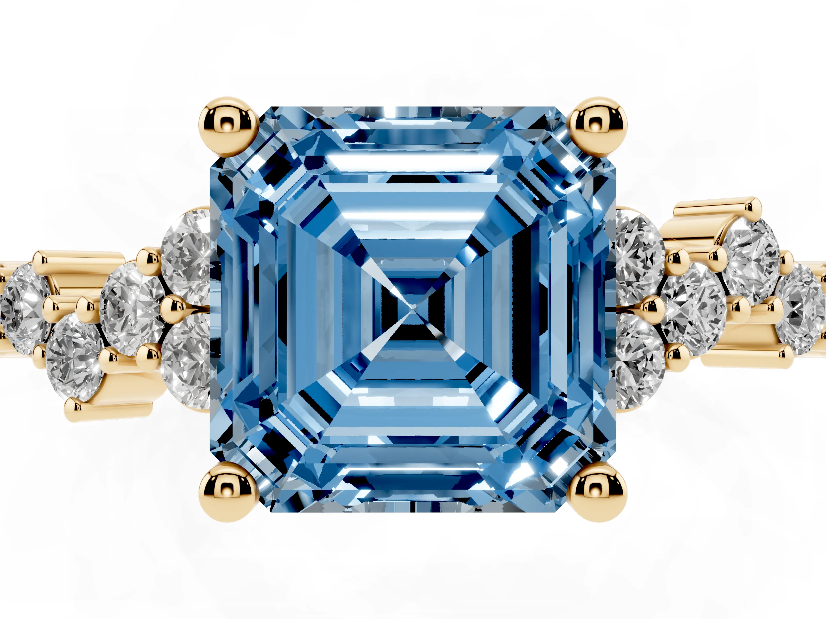 Fancy Blue Asscher Cut Diamond Ring Set in Yellow gold with Scattered Round Accents