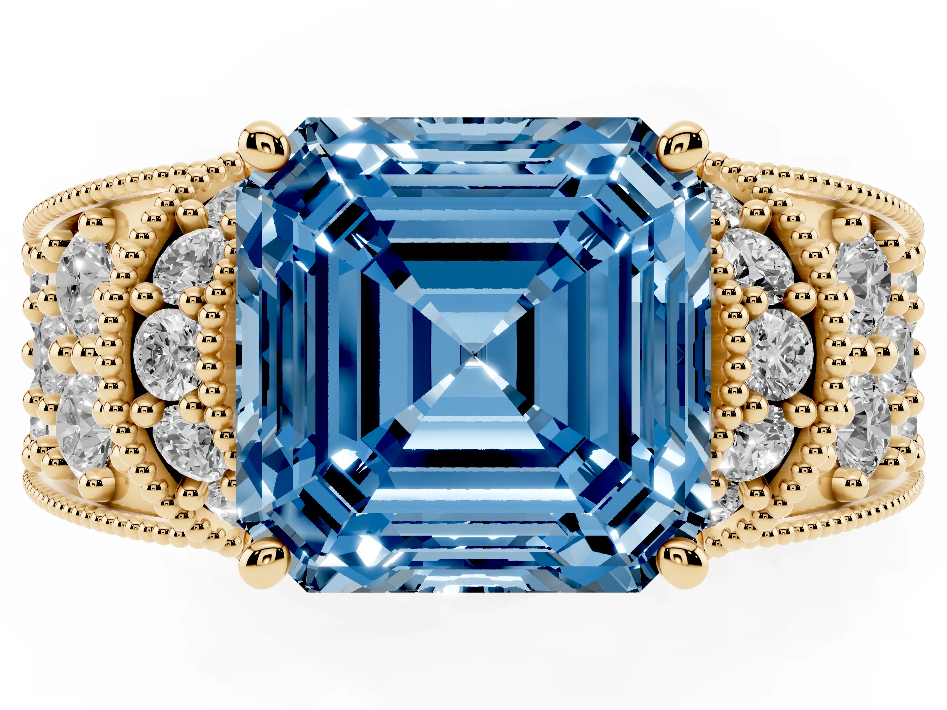 Fancy Blue Asscher Cut Diamond Milgrain Halo Pavé Engagement Ring Set in Yellow gold with Prong Setting