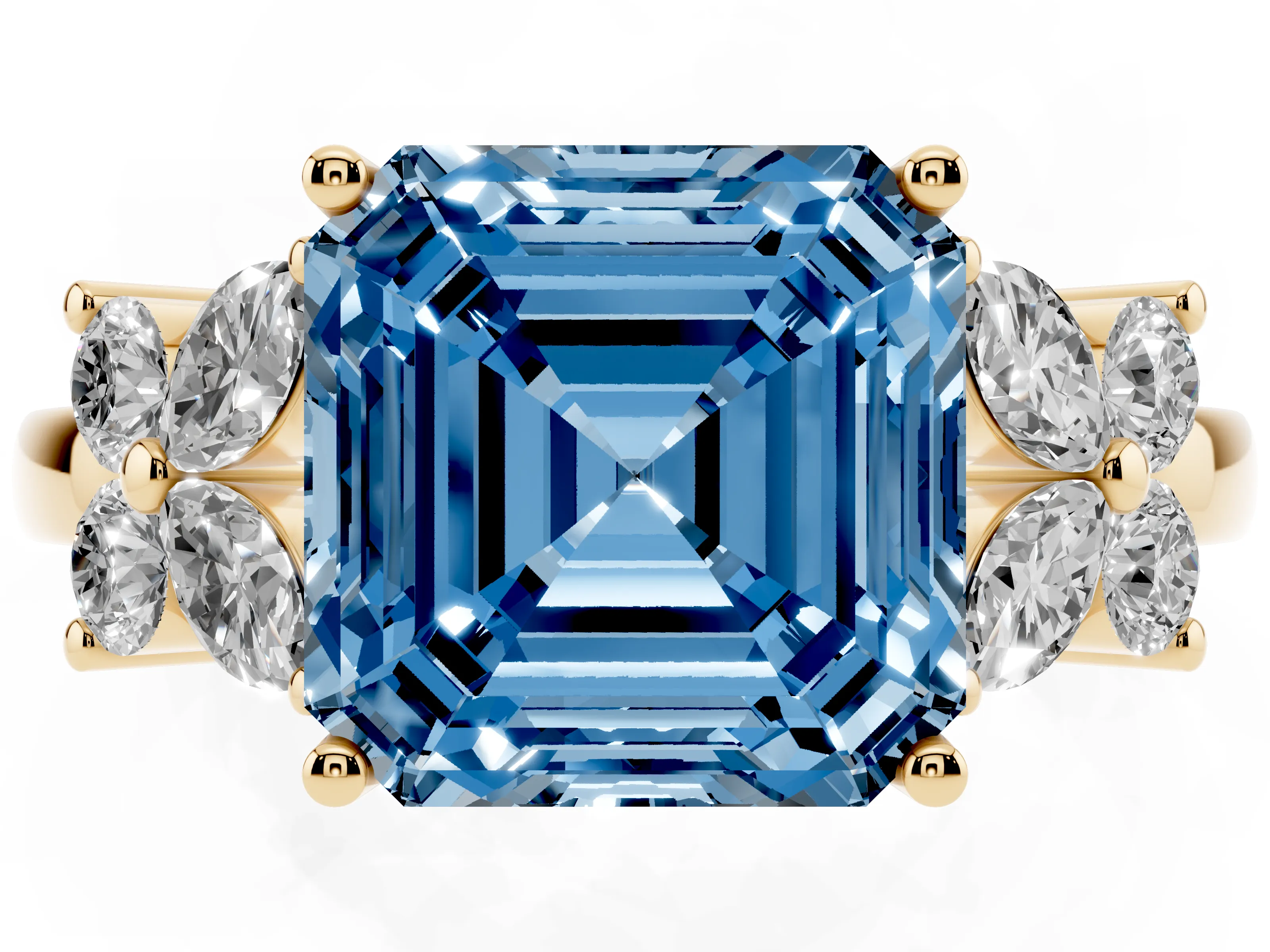 Fancy Blue Asscher Cut Diamond Floral Cluster Ring Set in Yellow gold with Marquise Petals and Prong Setting
