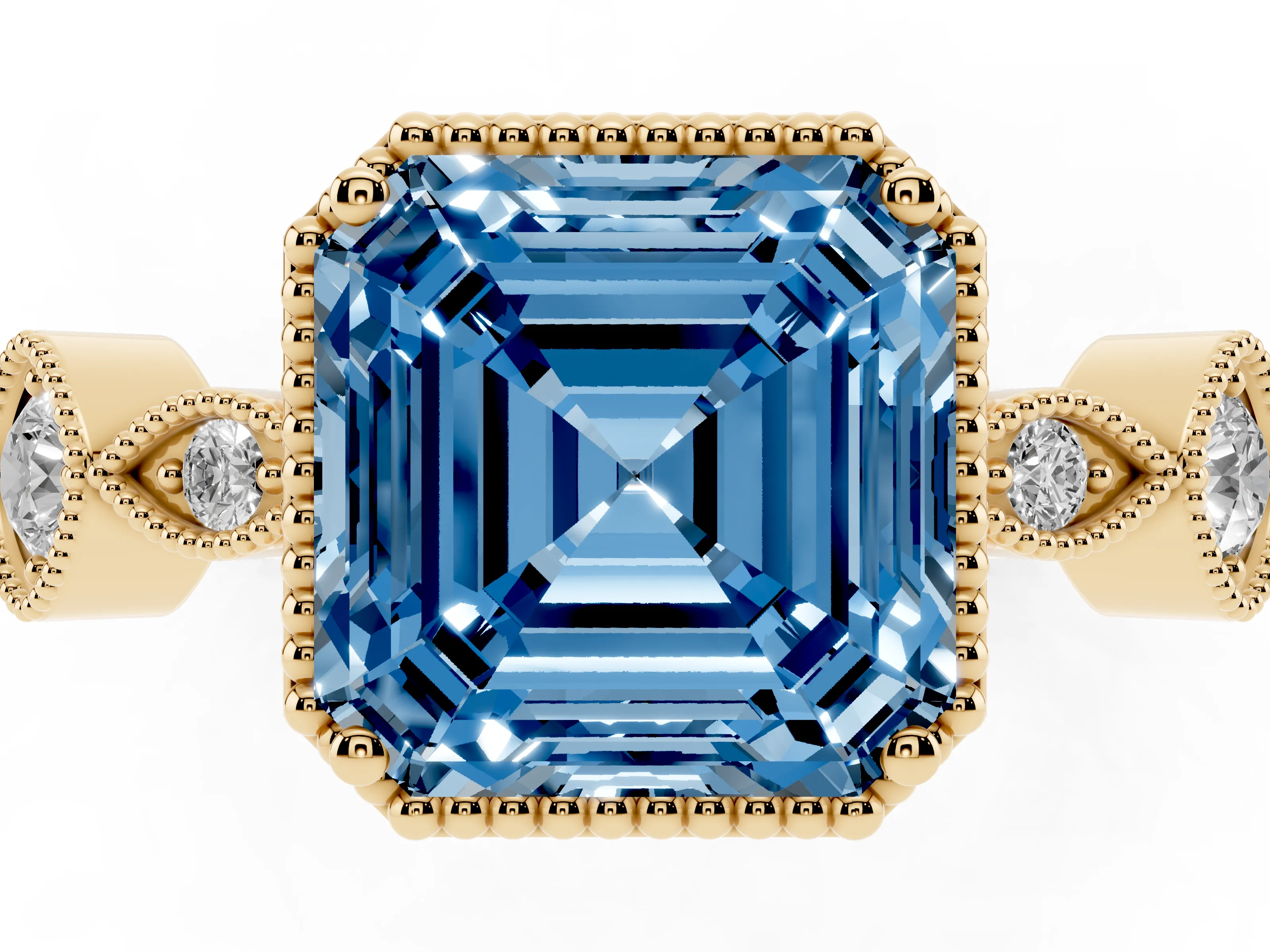 Fancy Blue Asscher Cut Diamond Vintage-Inspired Milgrain Ring Set in Yellow gold with Marquise Stations of Round Accents
