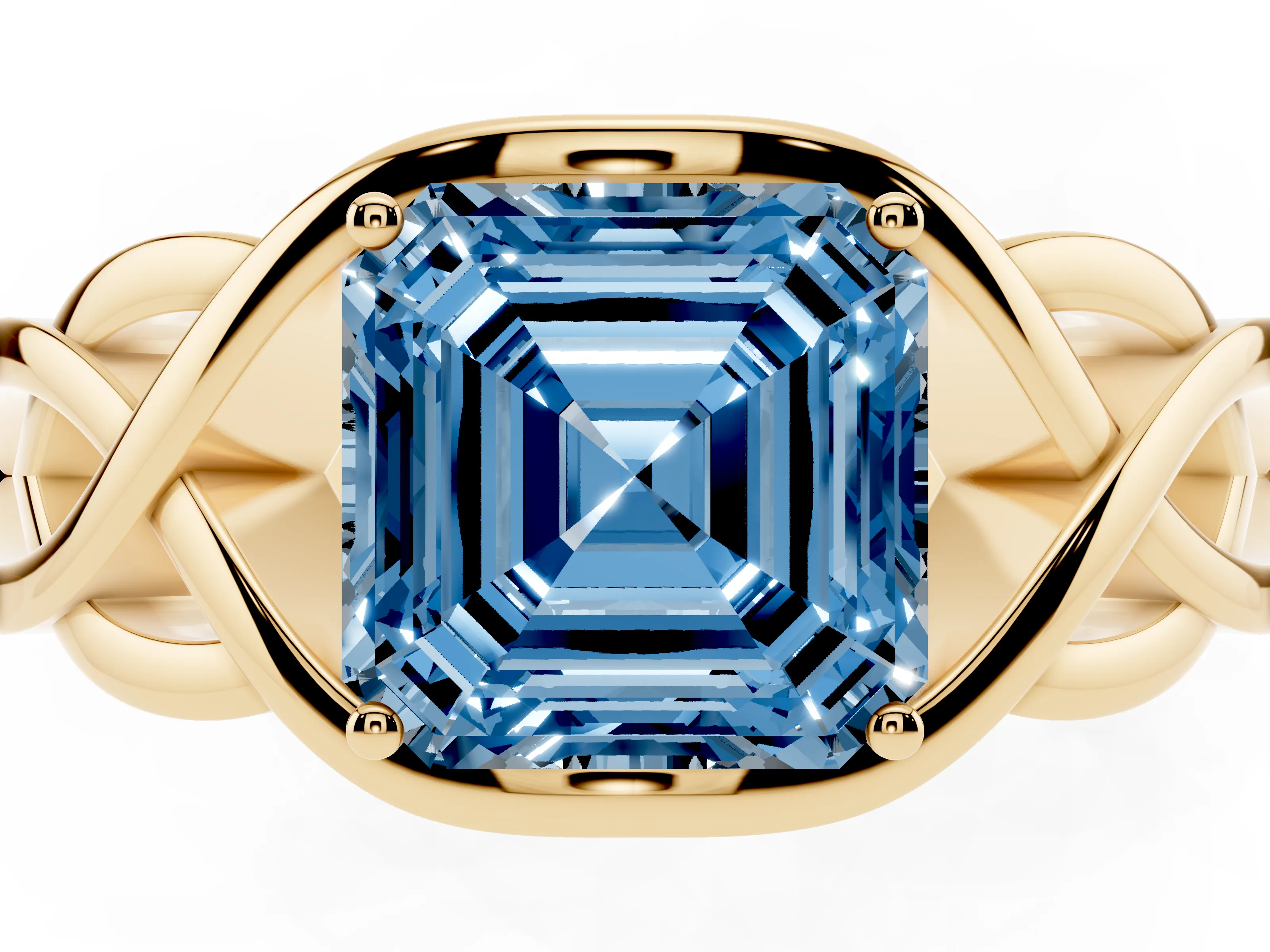 Fancy Blue Asscher Cut Diamond Solitaire Ring Set in Yellow gold with Intertwined Band