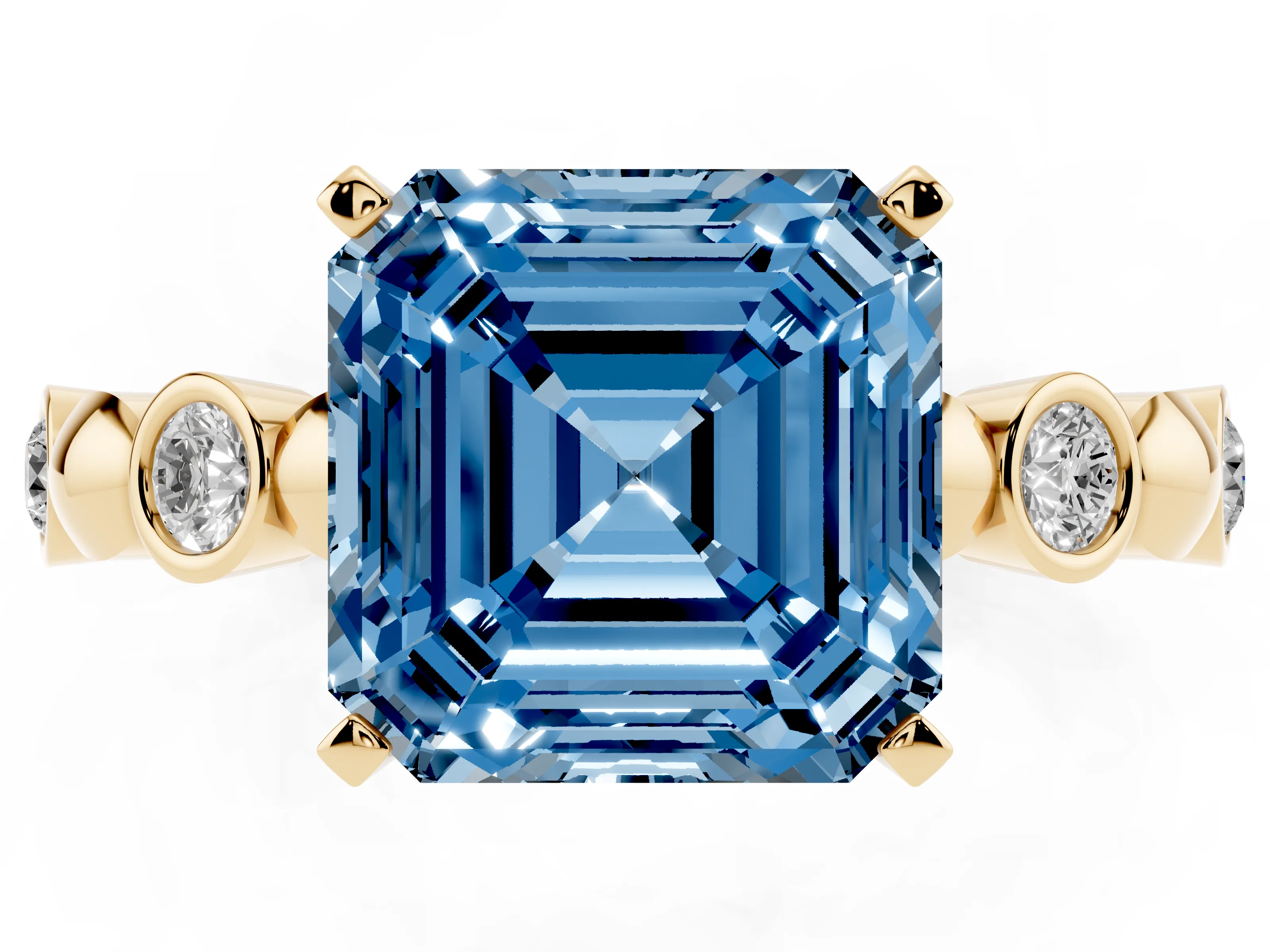 Fancy Blue Asscher Cut Diamond Solitaire Ring Set in Yellow gold with Bezel-Set Accents on Beaded Band and Prong Setting