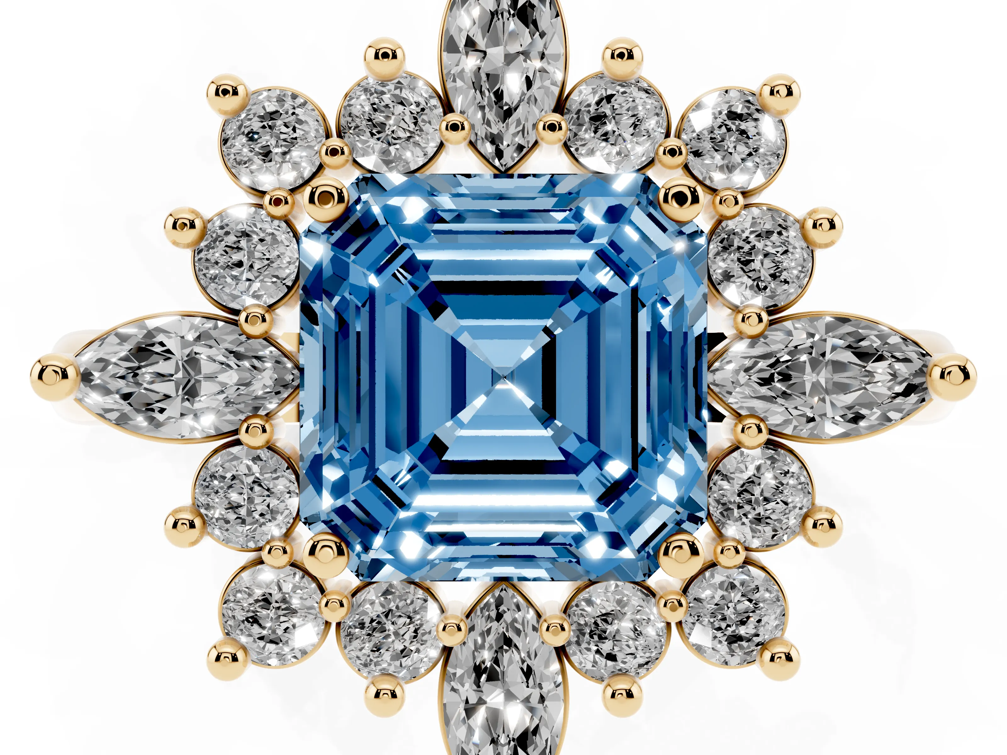 Fancy Blue Asscher Cut Diamond Cluster Halo Ring Set in Yellow gold with Marquise and Round Accents