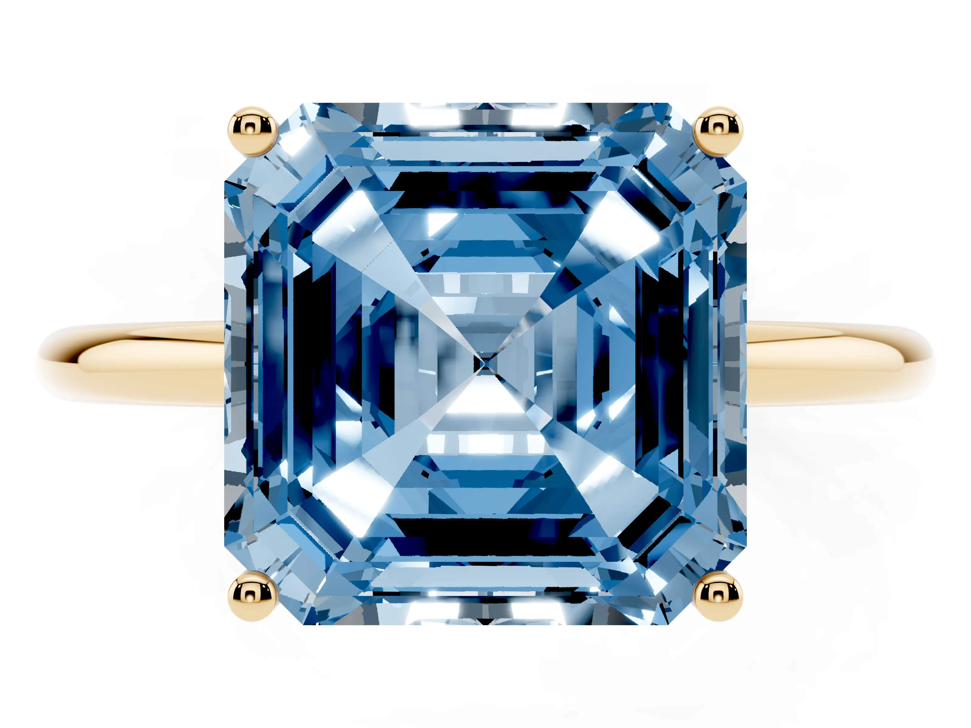 Fancy Blue Asscher Cut Diamond Solitaire Engagement Ring Set in Yellow gold with Thin Band and Prong Setting