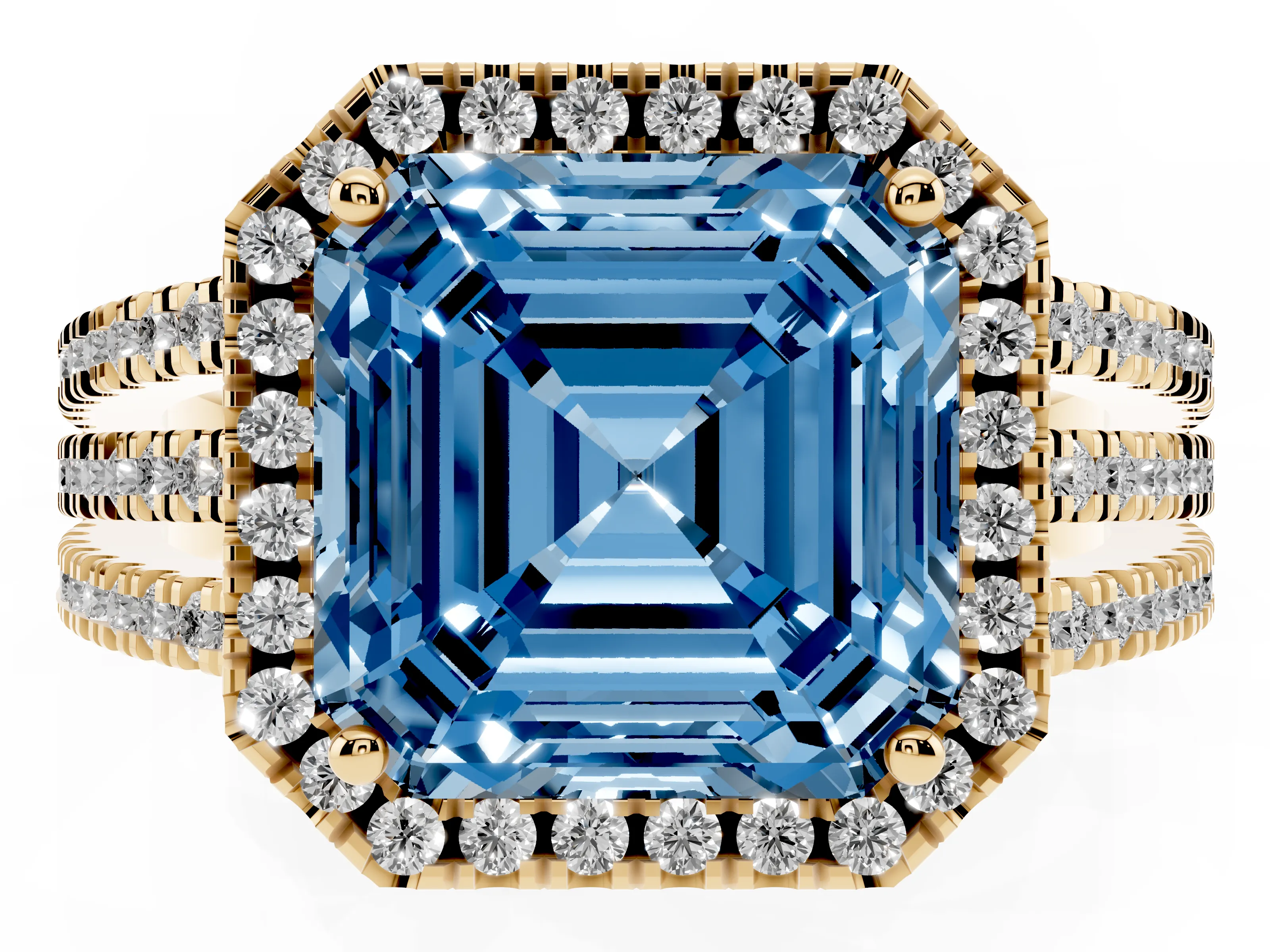 Fancy Blue Asscher Cut Diamond Halo Split Shank Engagement Ring Set in Yellow gold with Prong Setting