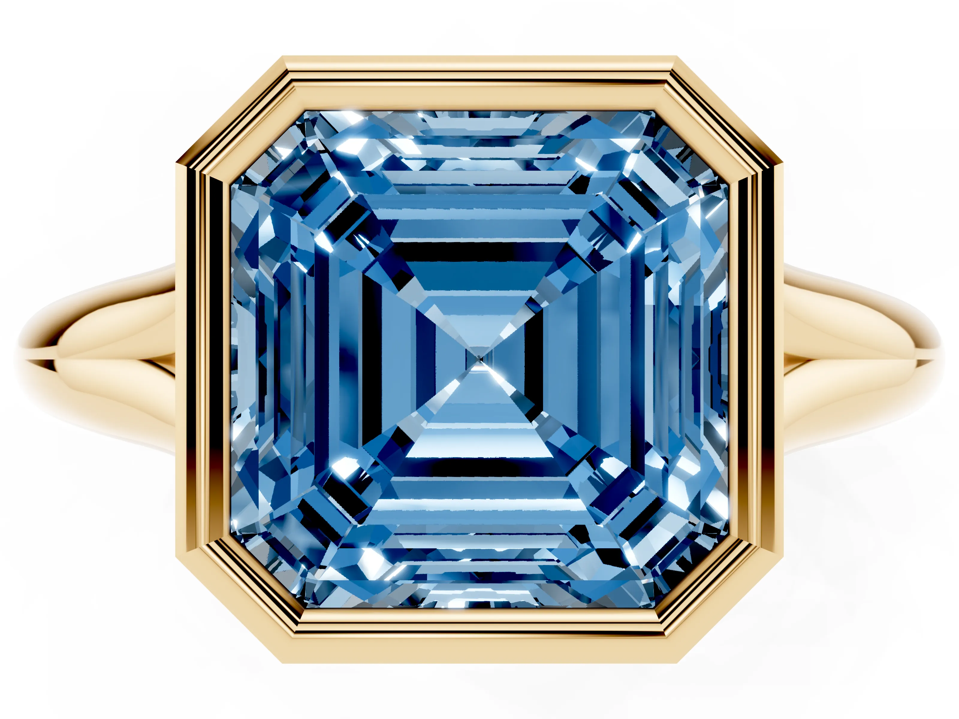 Fancy Blue Bezel Set Asscher Cut Diamond Solitaire Ring Set in Yellow gold with Smooth Band