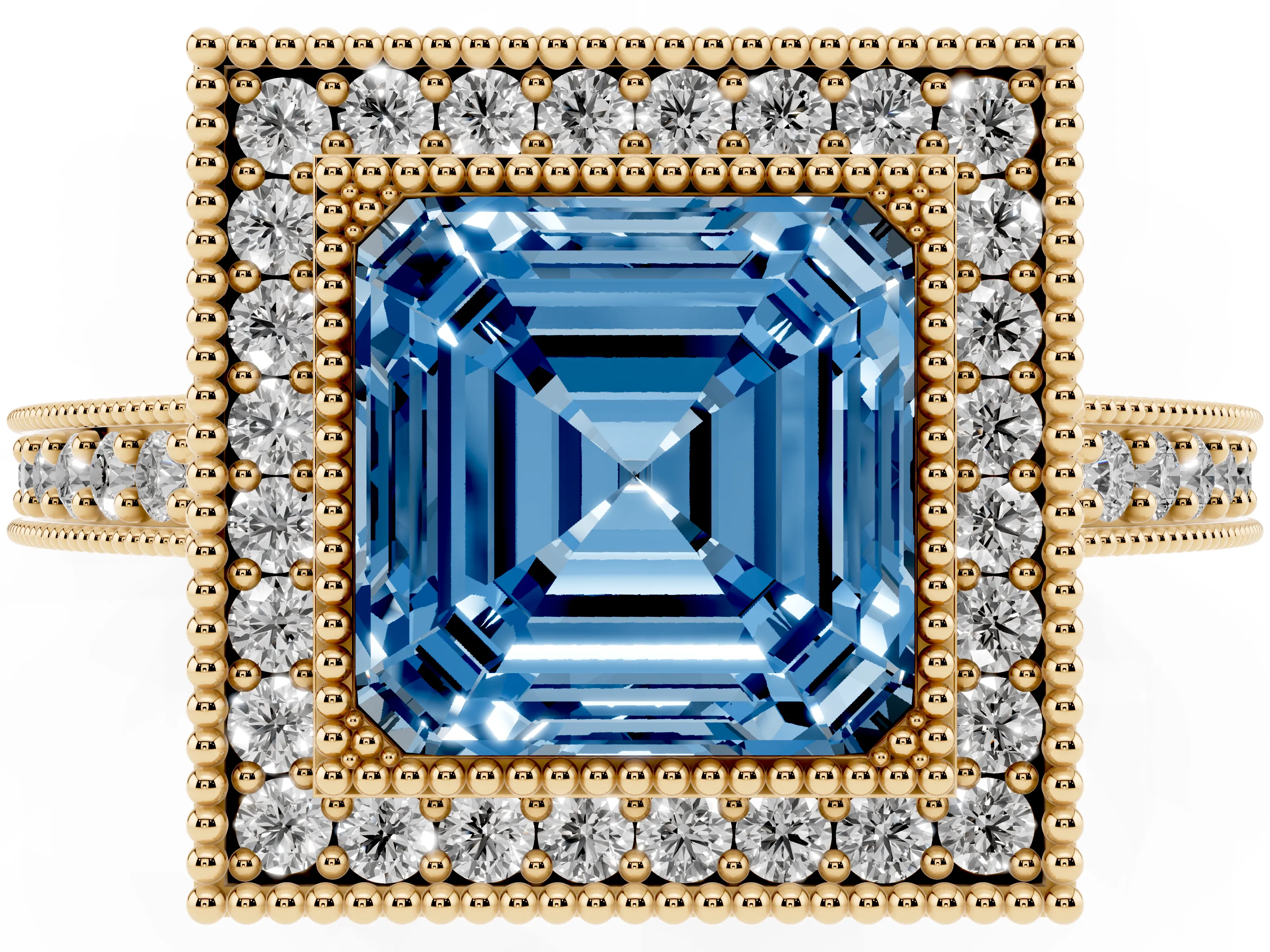 Fancy Blue Asscher Cut Diamond Halo Engagement Ring Set in Yellow gold with Pavé Band and Round Halo Stones