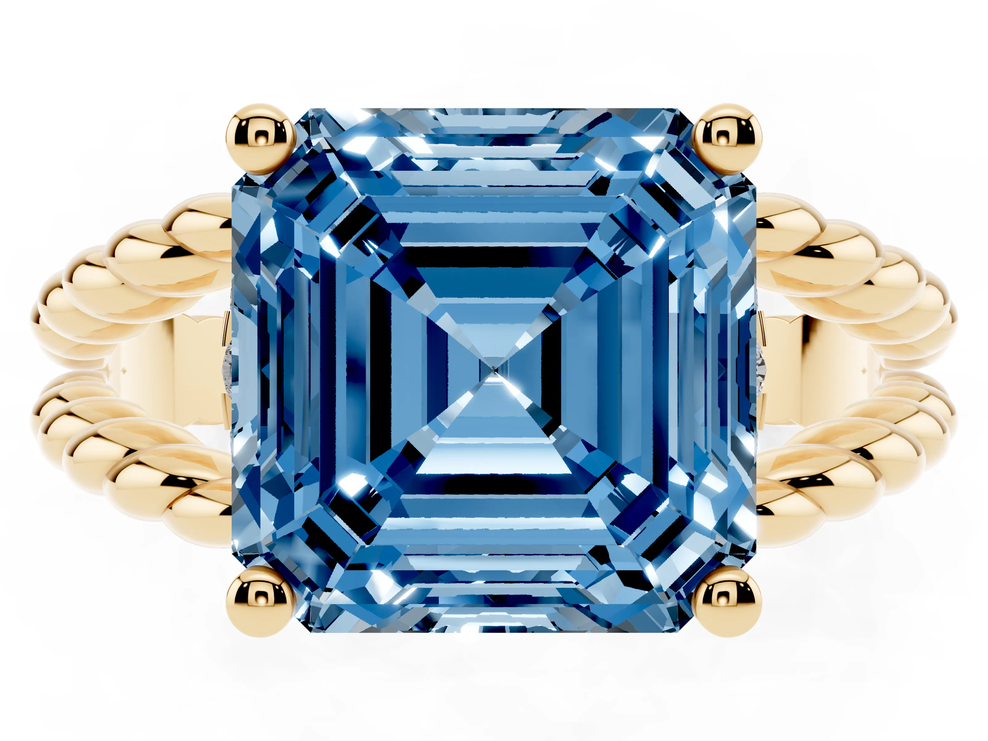 Fancy Blue Asscher Cut Diamond Halo Ring Set in Yellow gold with Twisted Band and Prong Setting