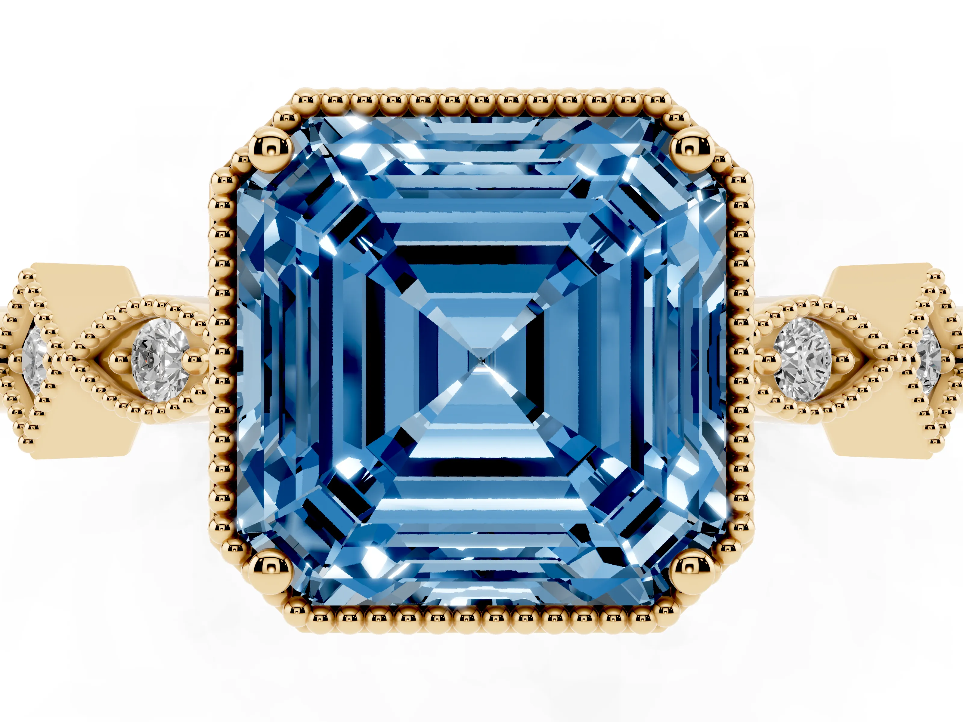 Fancy Blue Asscher Cut Diamond Milgrain Marquise Twist Band Ring Set in Yellow gold with Prong Setting