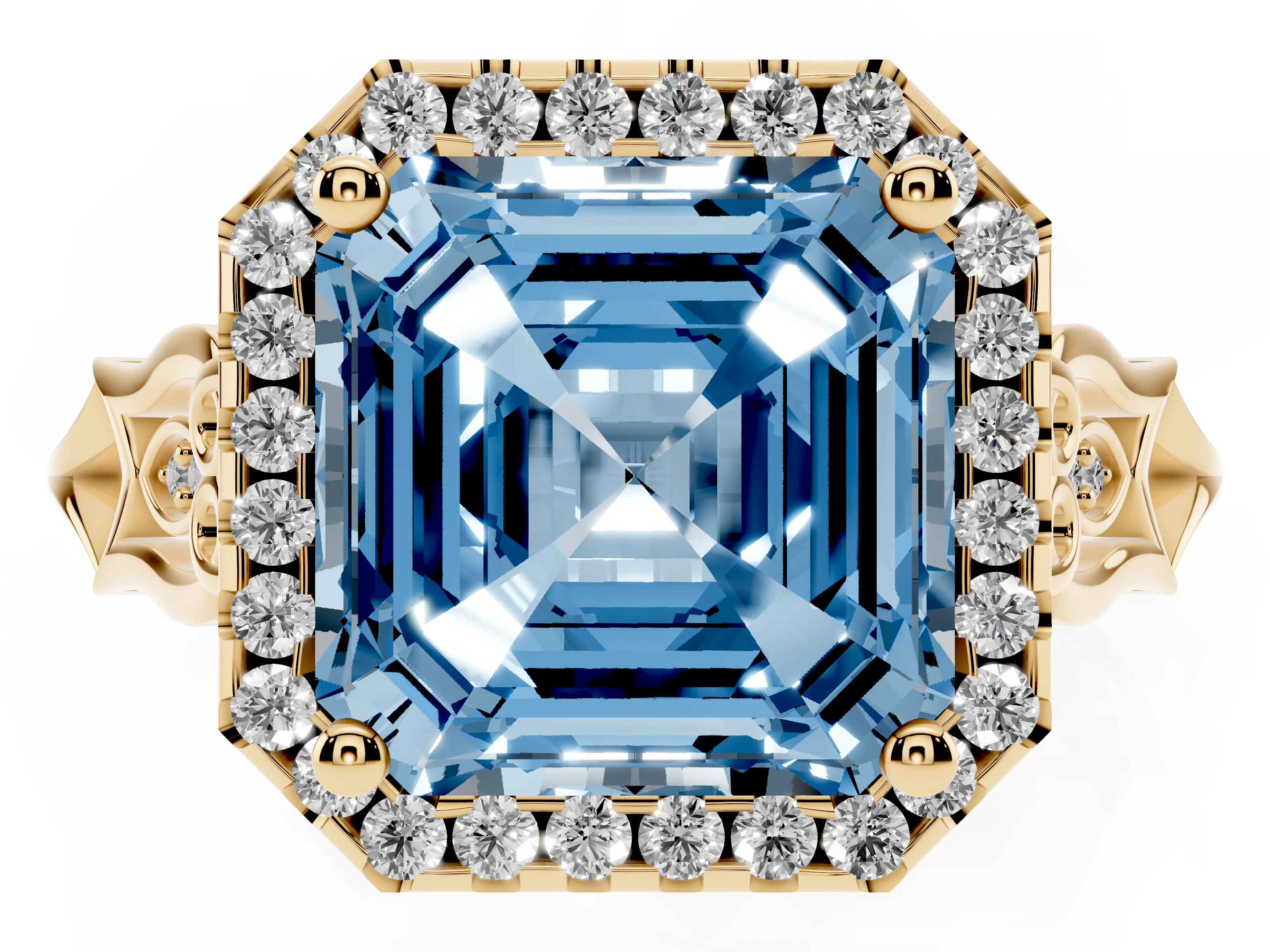 Fancy Blue Asscher Cut Diamond Halo Engagement Ring Set in Yellow gold with Filigree Band and Prong-Set Center