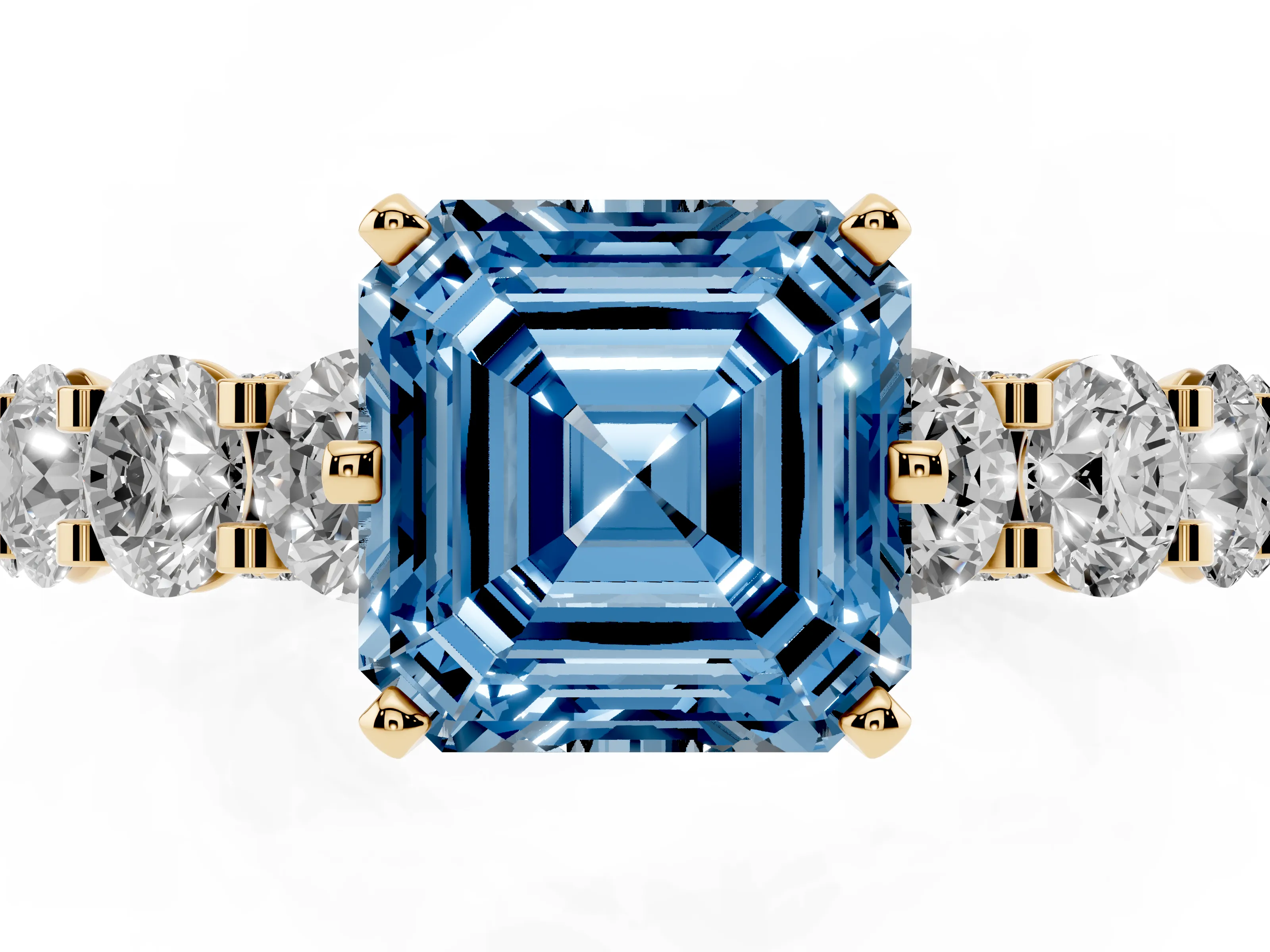 Fancy Blue Asscher Cut Diamond Side Stone Ring Set in Yellow gold with Alternating Round and Oval Side Stones