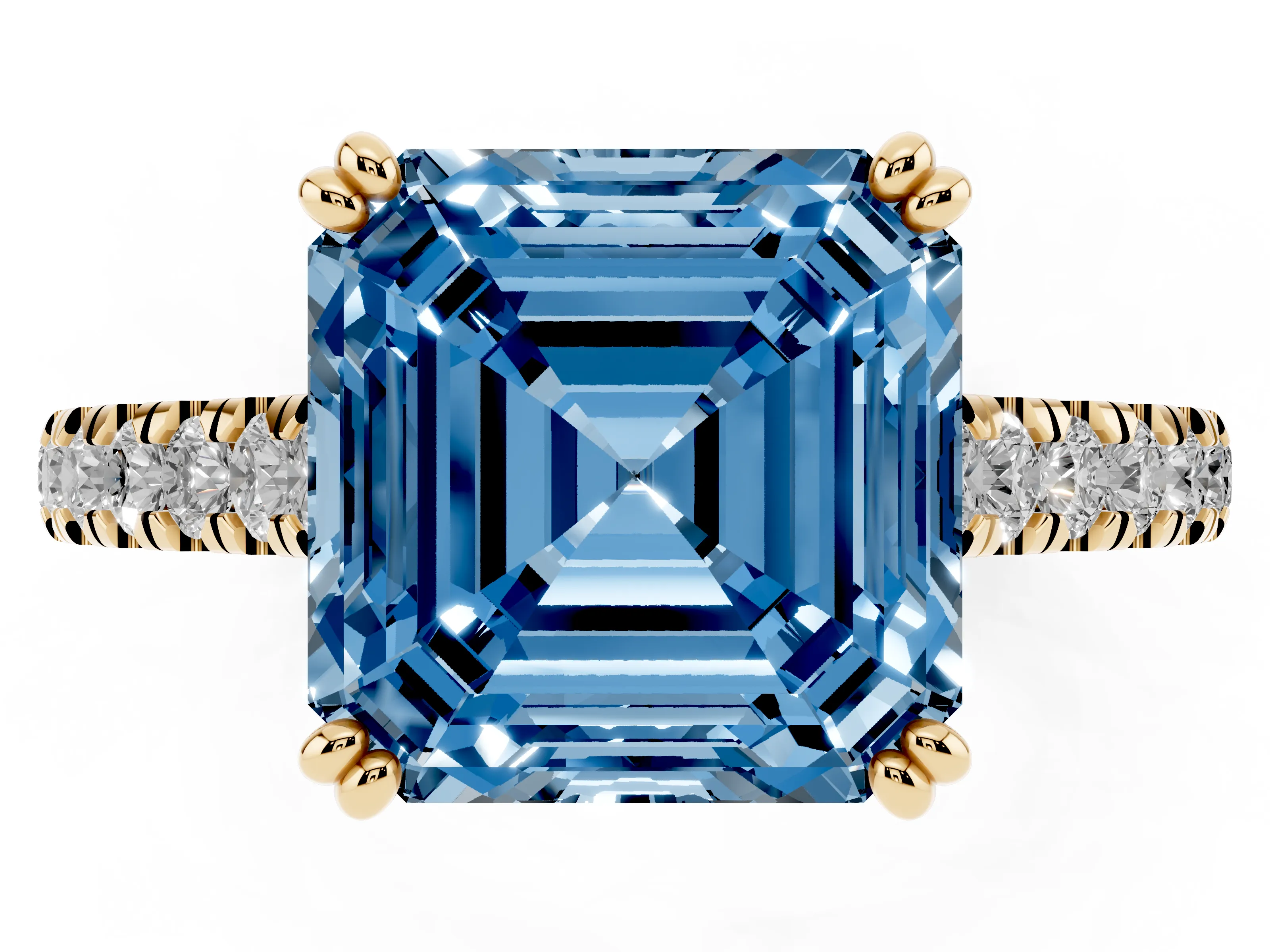 Fancy Blue Asscher Cut Diamond Solitaire Engagement Ring Set in Yellow gold with Pavé Accents and Prong Setting