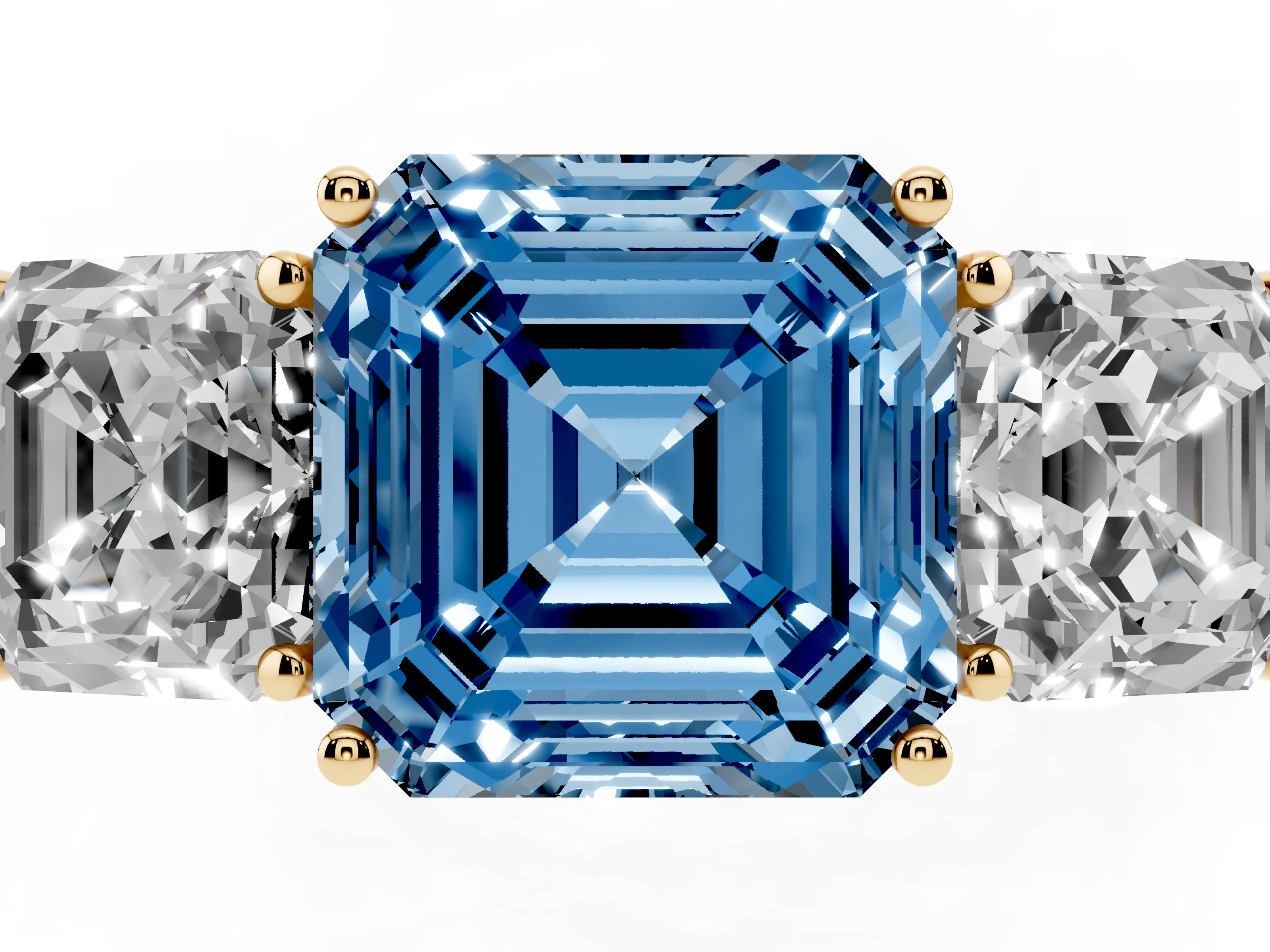 Fancy Blue Asscher Cut Diamond Three-Stone Ring Set in Yellow gold with Textured Band