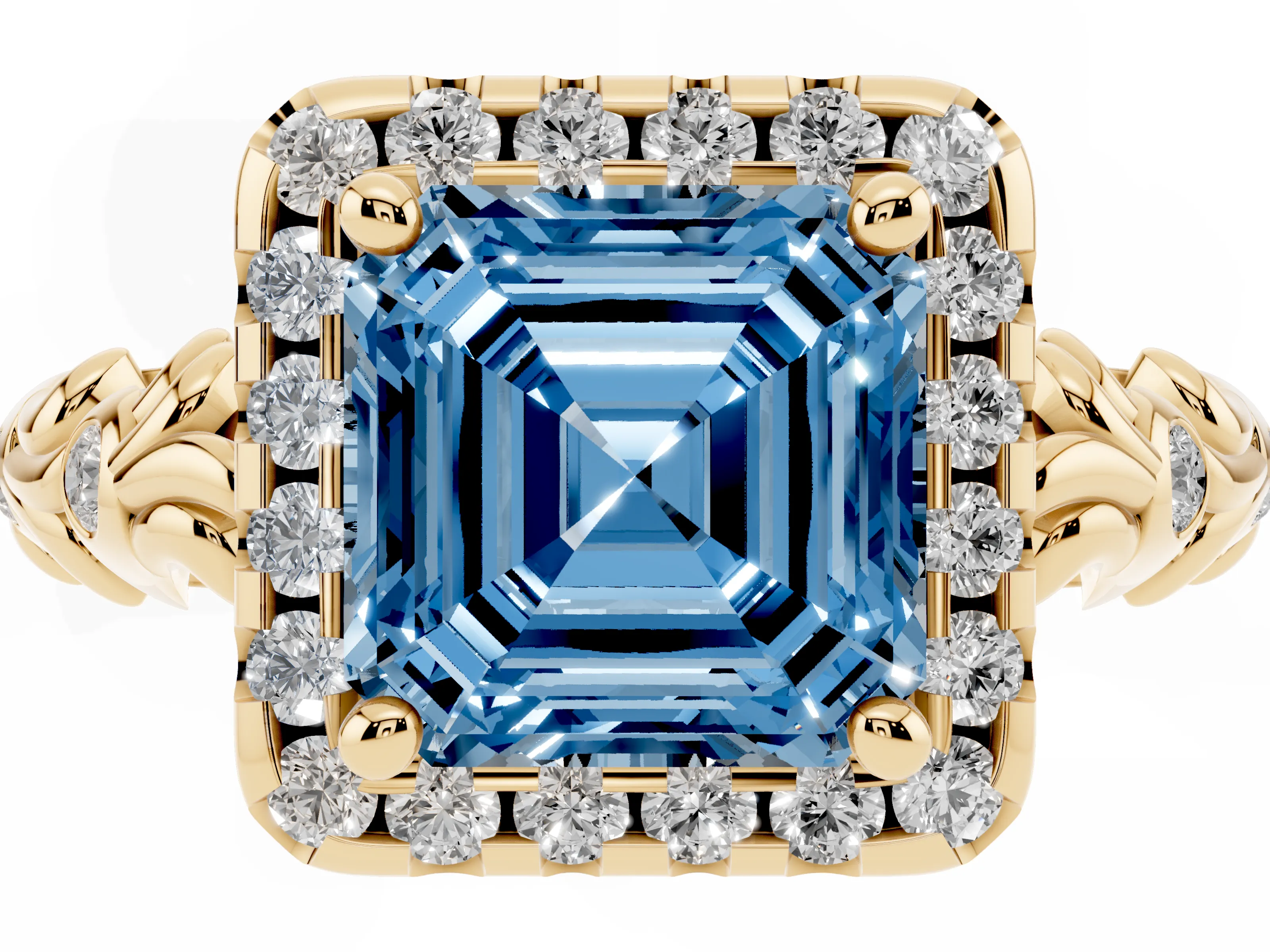 Fancy Blue Asscher Cut Diamond Halo Ring Set in Yellow gold with Filigree Leaf Band and Prong Setting