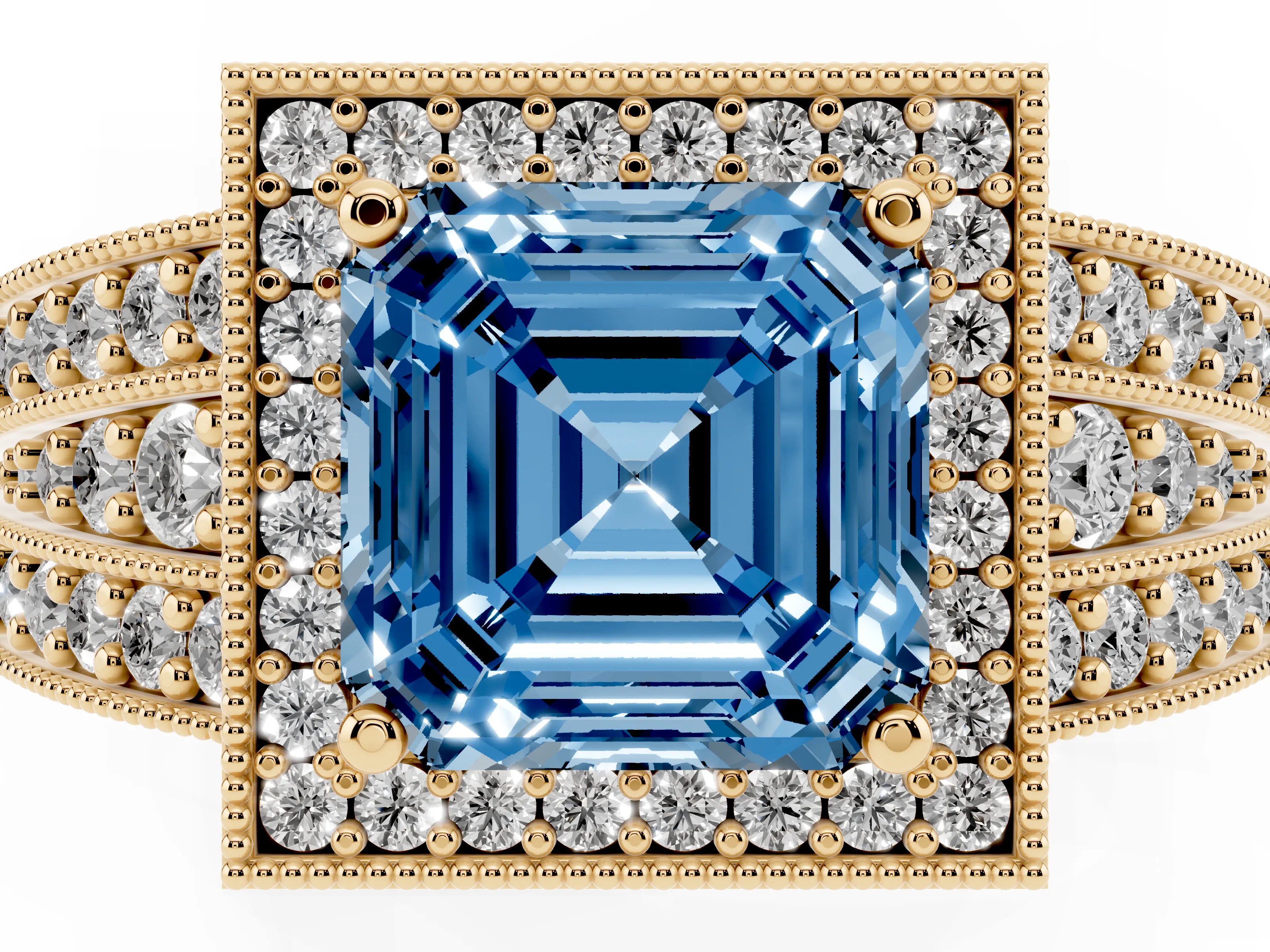 Fancy Blue Asscher Cut Diamond Halo Ring Set in Yellow gold with Accent Split Shank and Prong Setting