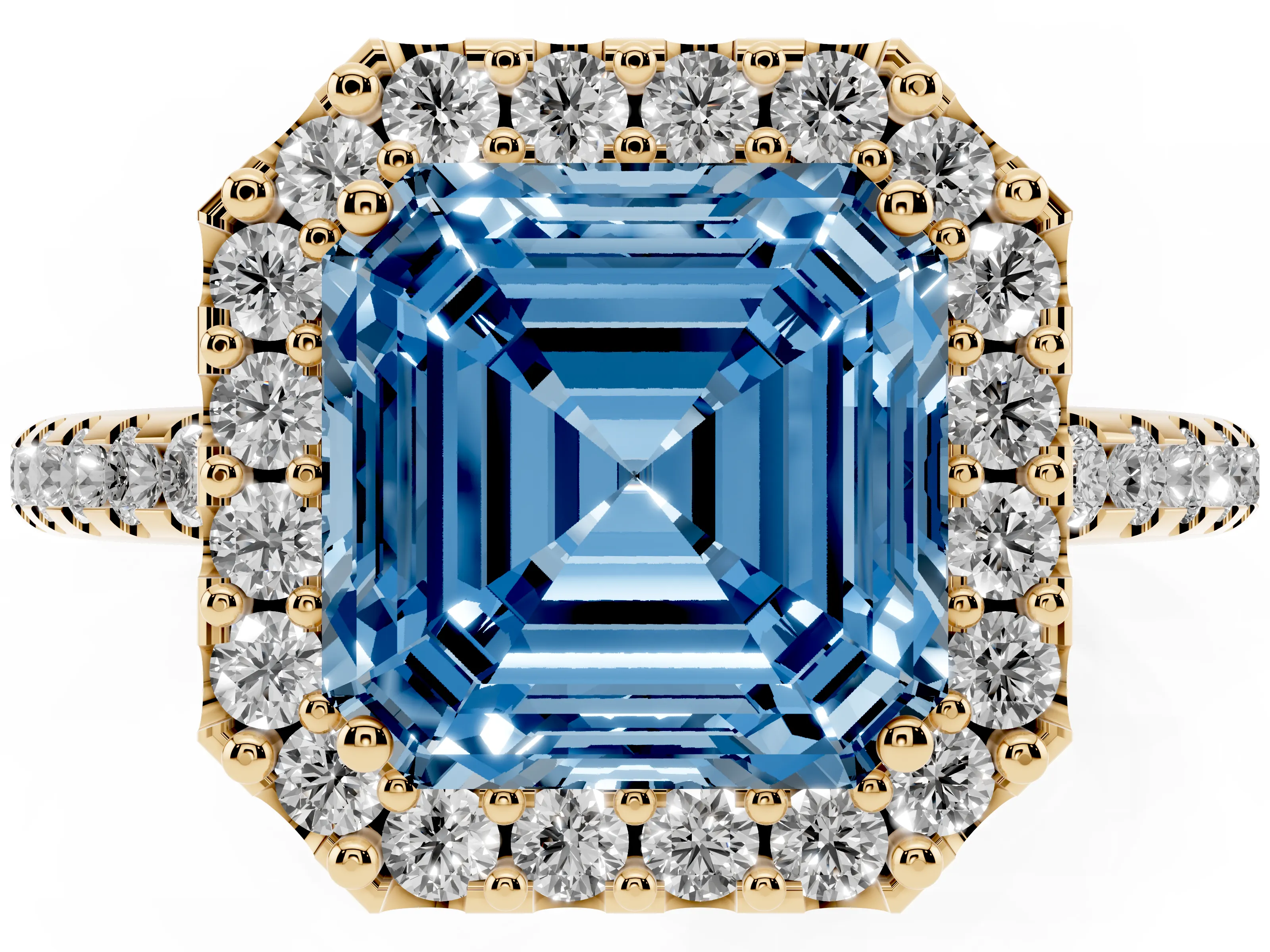 Fancy Blue Asscher Cut Diamond Pavé Halo Ring Set in Yellow gold with Prong Setting