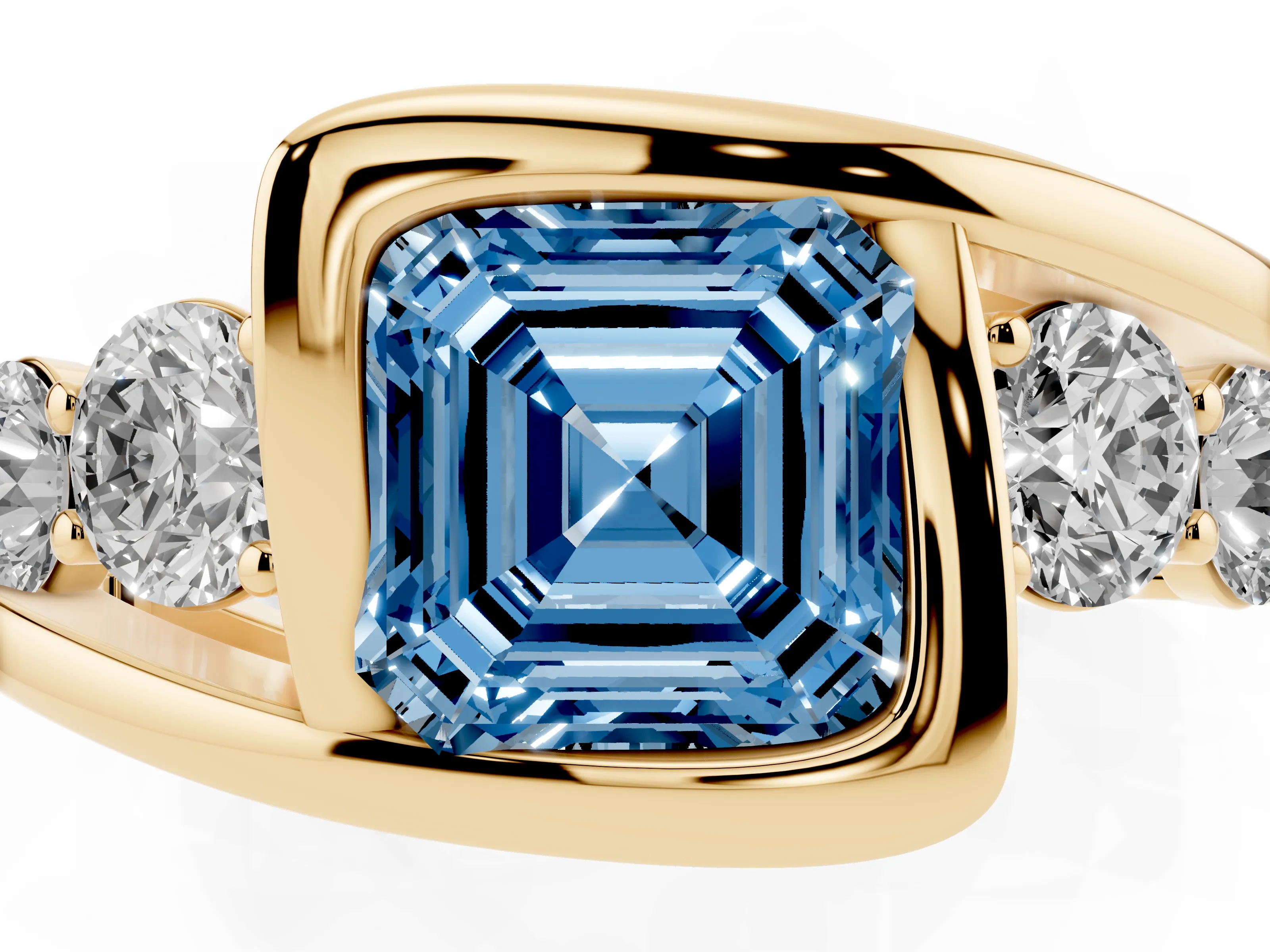 Fancy Blue Asscher Cut Diamond Bezel Bypass Ring Set in Yellow gold with Round Accents
