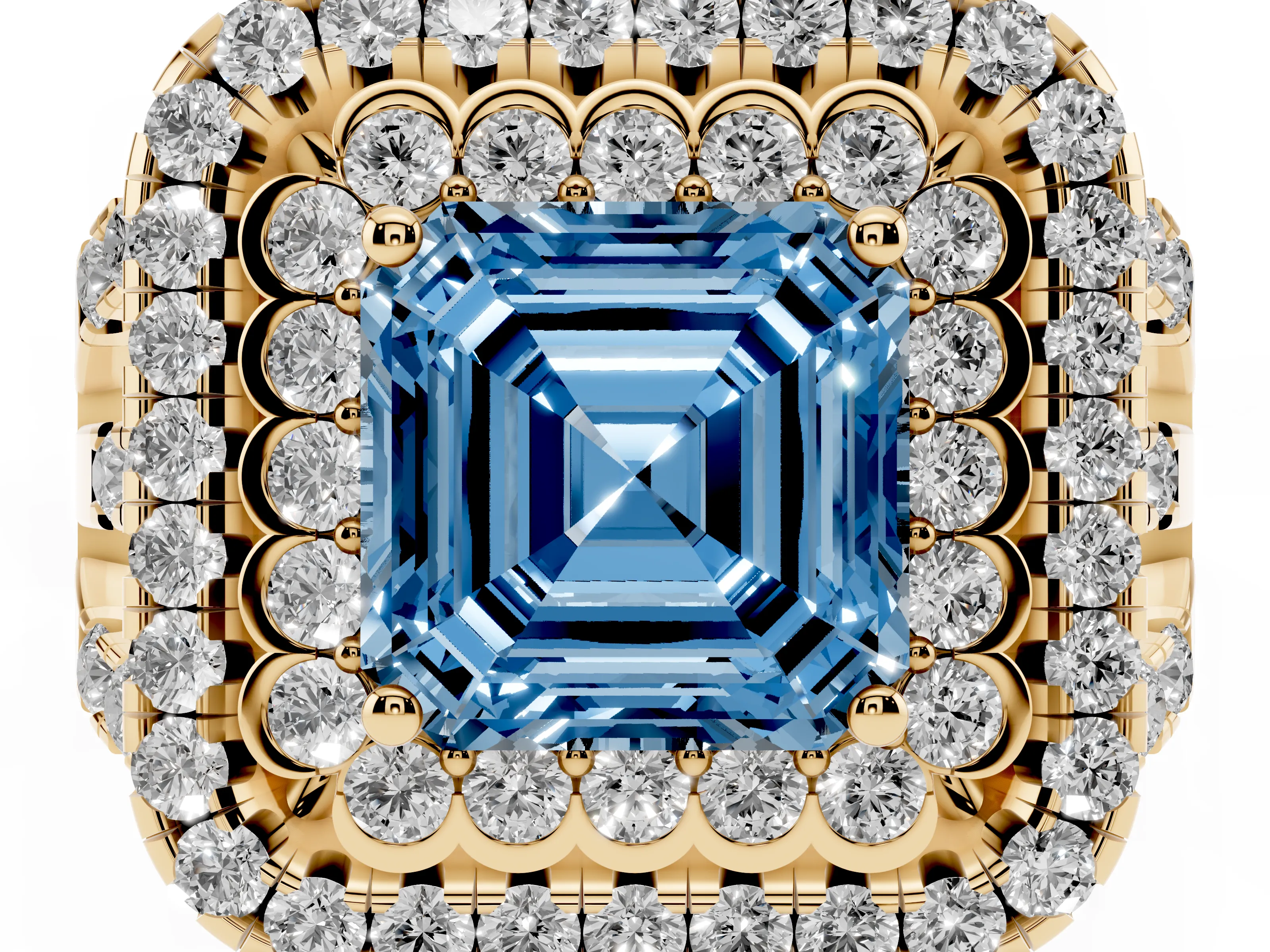 Fancy Blue Asscher Cut Diamond Double Halo Ring Set in Yellow gold with Round Pavé Split Shank
