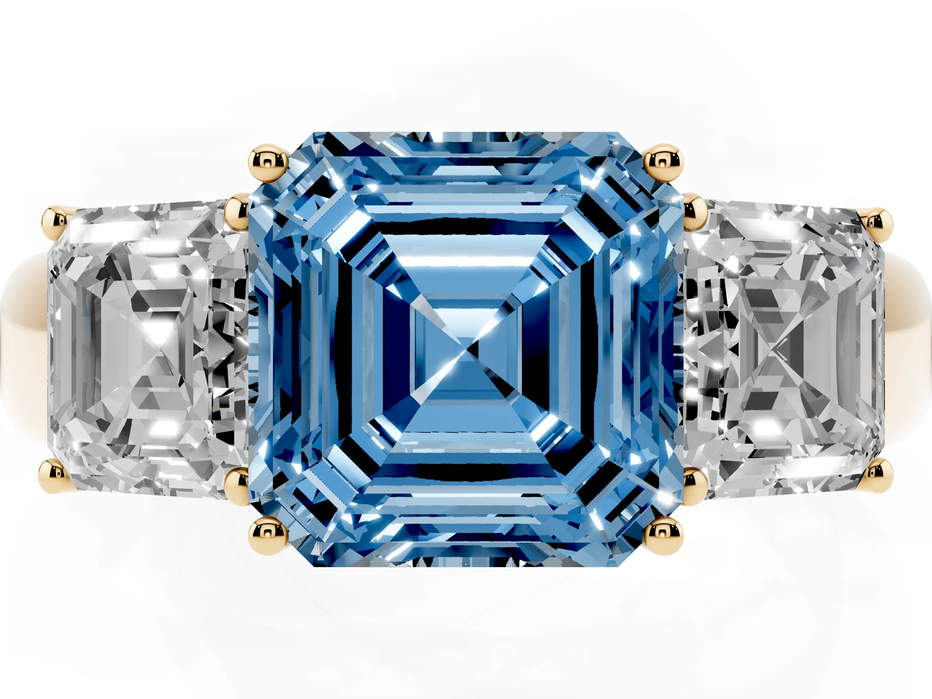 Fancy Blue Three-Stone Asscher Cut Diamond Ring Set in Yellow gold with Matching Prong Settings and Plain Band