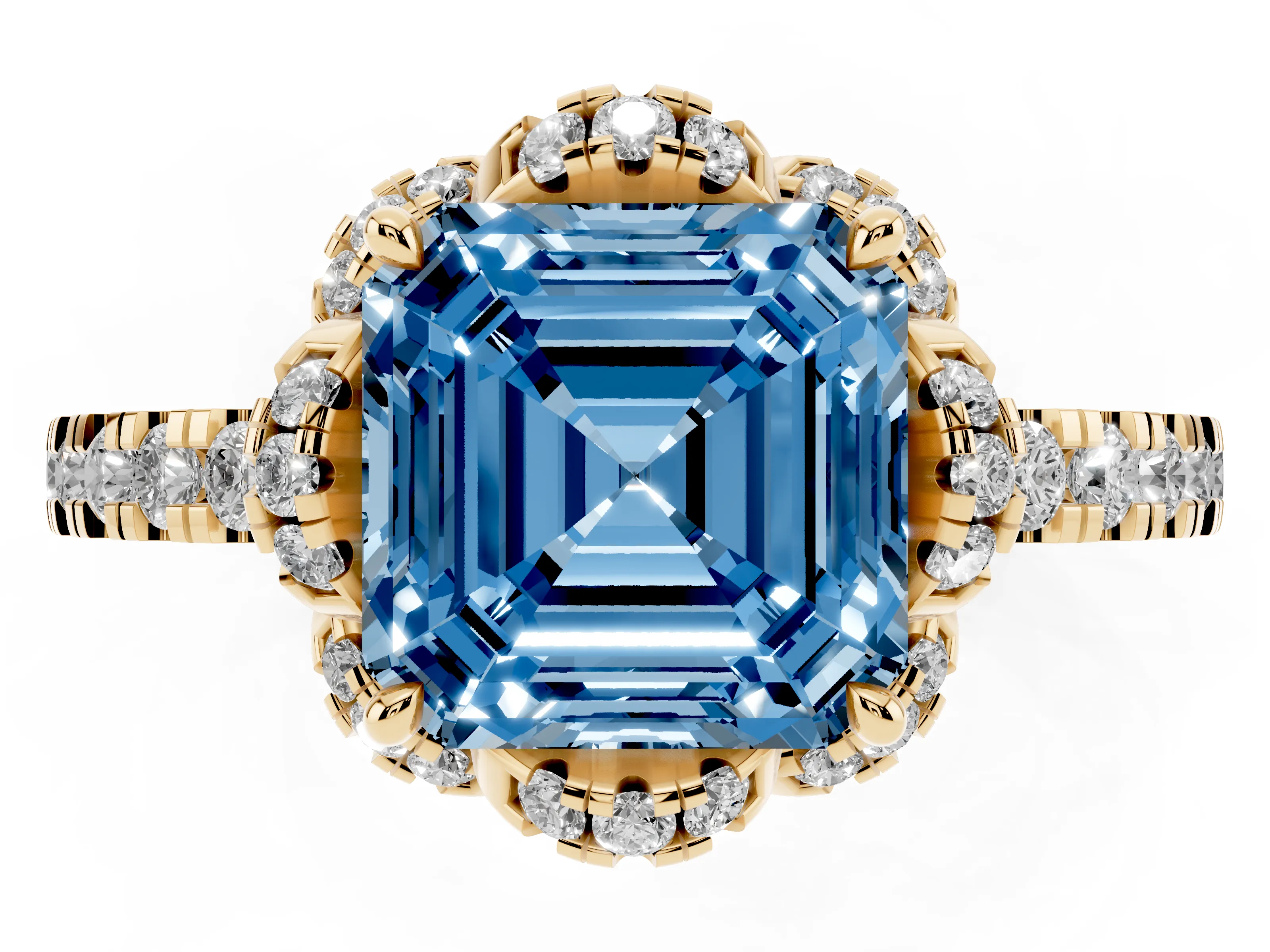 Fancy Blue Asscher Cut Diamond Halo Pavé Band Ring Set in Yellow gold with Prong-Held Center