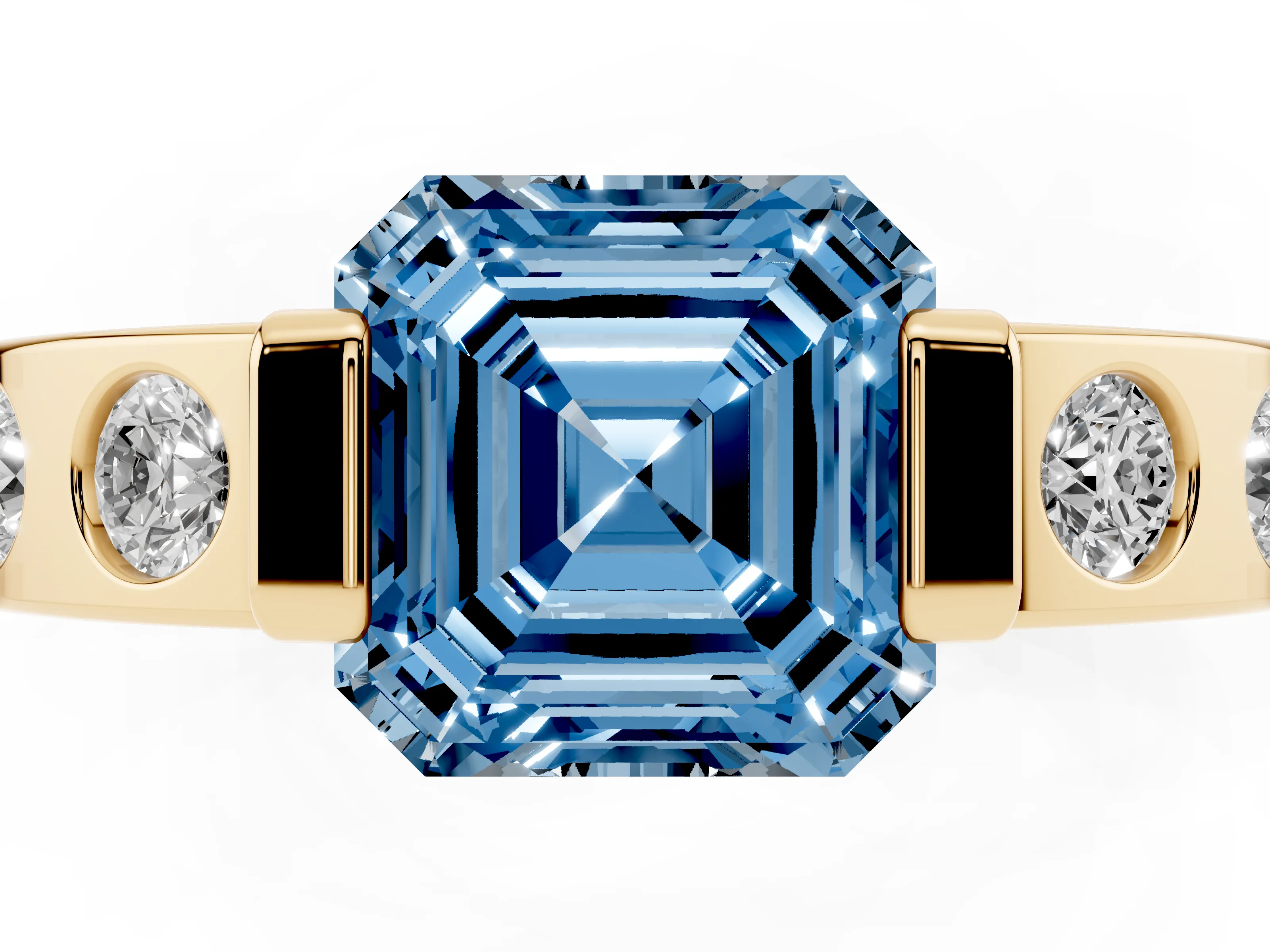 Fancy Blue Asscher Cut Diamond Channel-Set Band Ring Set in Yellow gold with Bezel Prong Setting