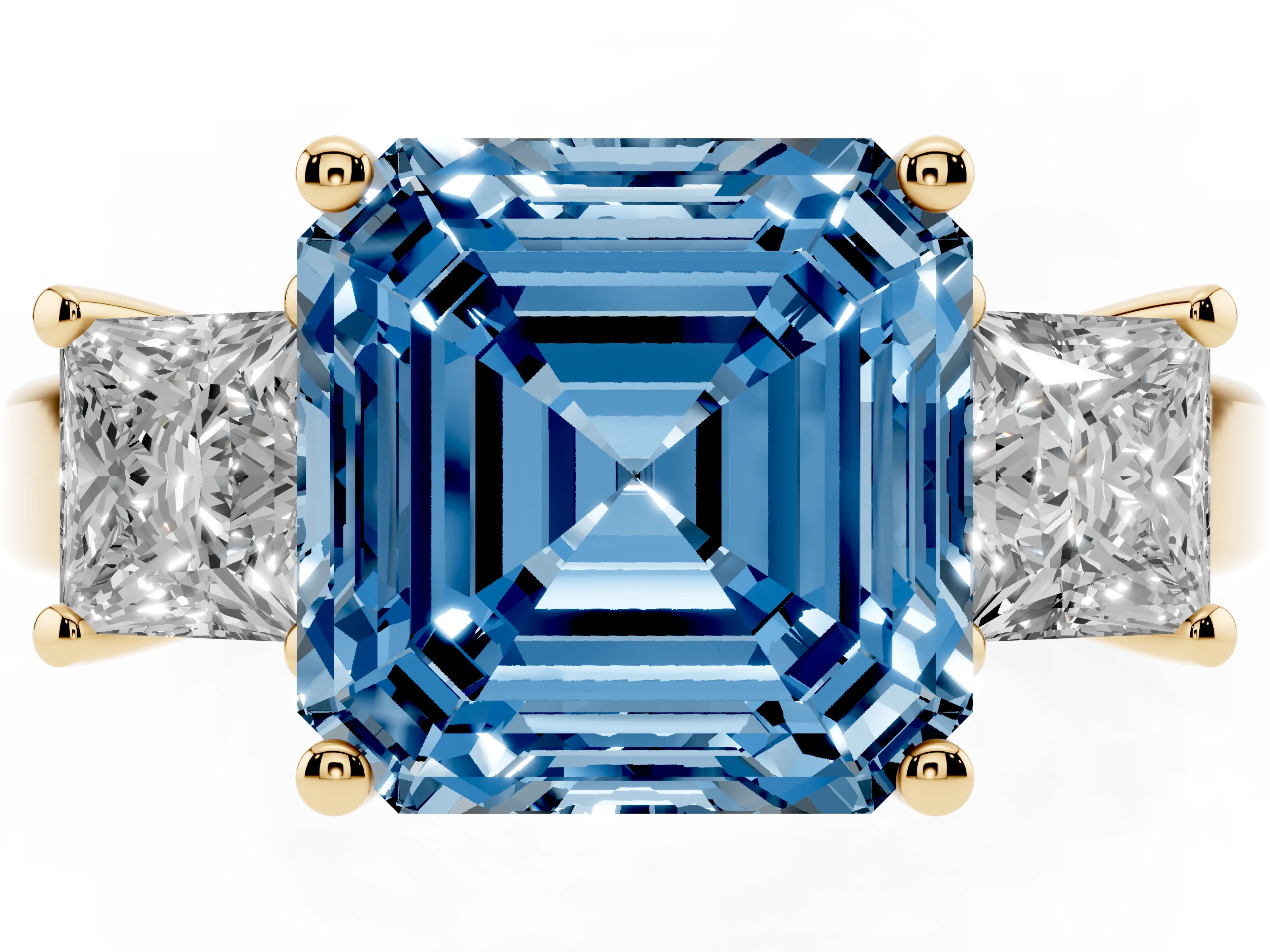 Fancy Blue Three-Stone Asscher Cut Diamond Solitaire Ring Set in Yellow gold with Prong Setting
