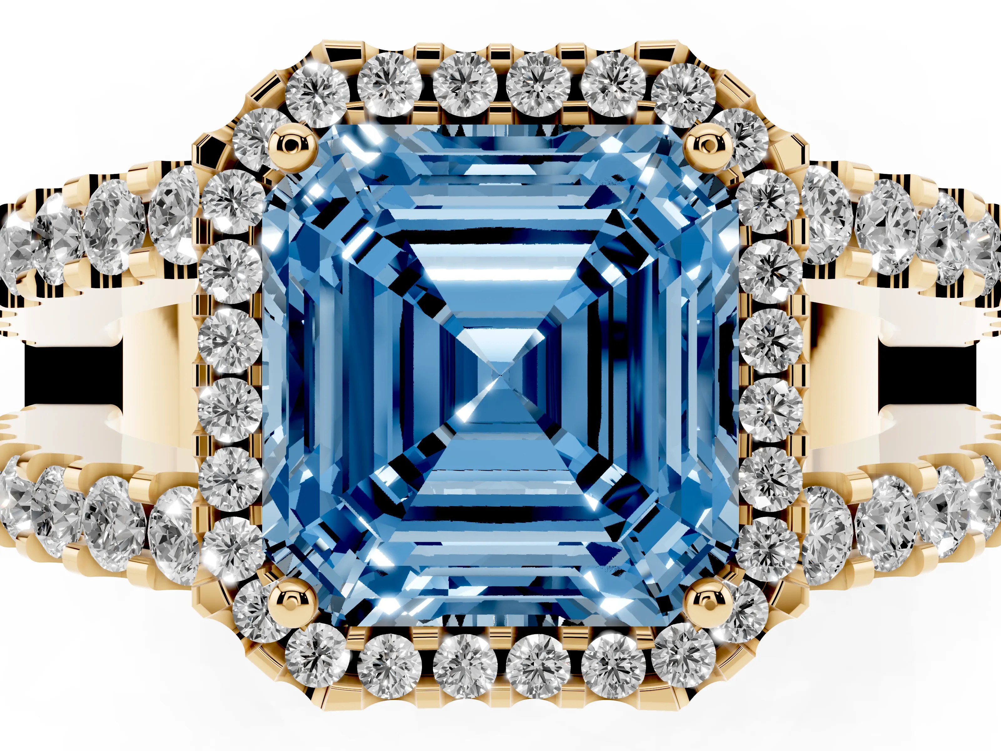 Fancy Blue Asscher Cut Diamond Halo Ring Set in Yellow gold with Pavé Split Shank and Prong Setting