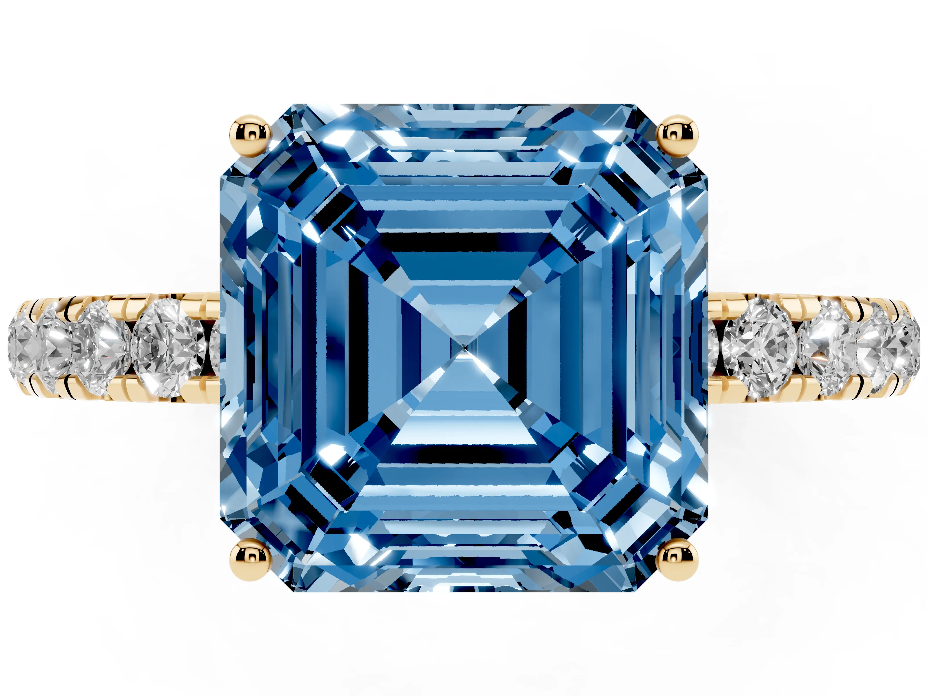 Fancy Blue Asscher Cut Diamond Pavé Solitaire Engagement Ring Set in Yellow gold with Prong Setting