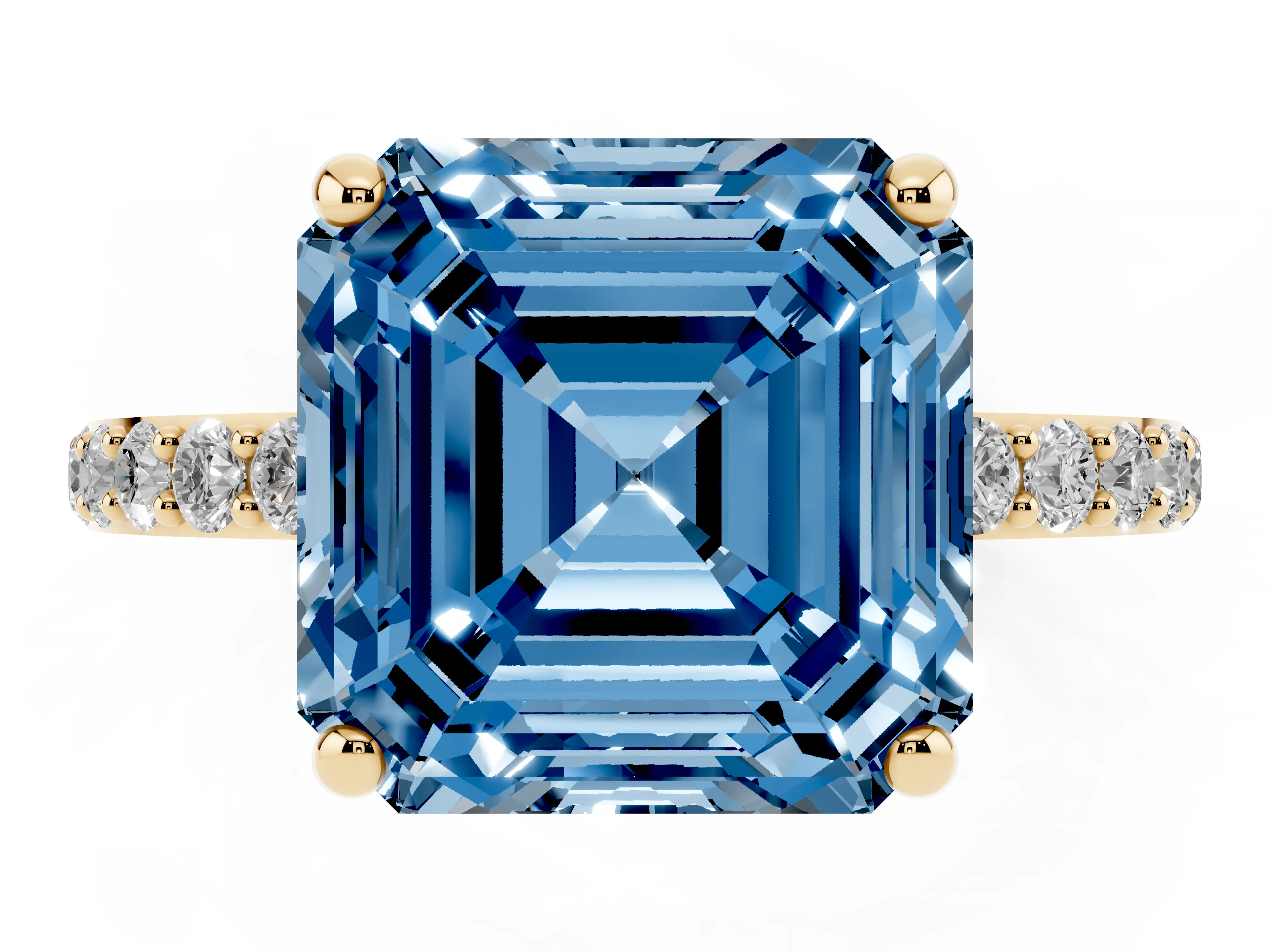 Fancy Blue Asscher Cut Diamond Solitaire Ring Set in Yellow gold with Round Pavé Band and Prong Setting