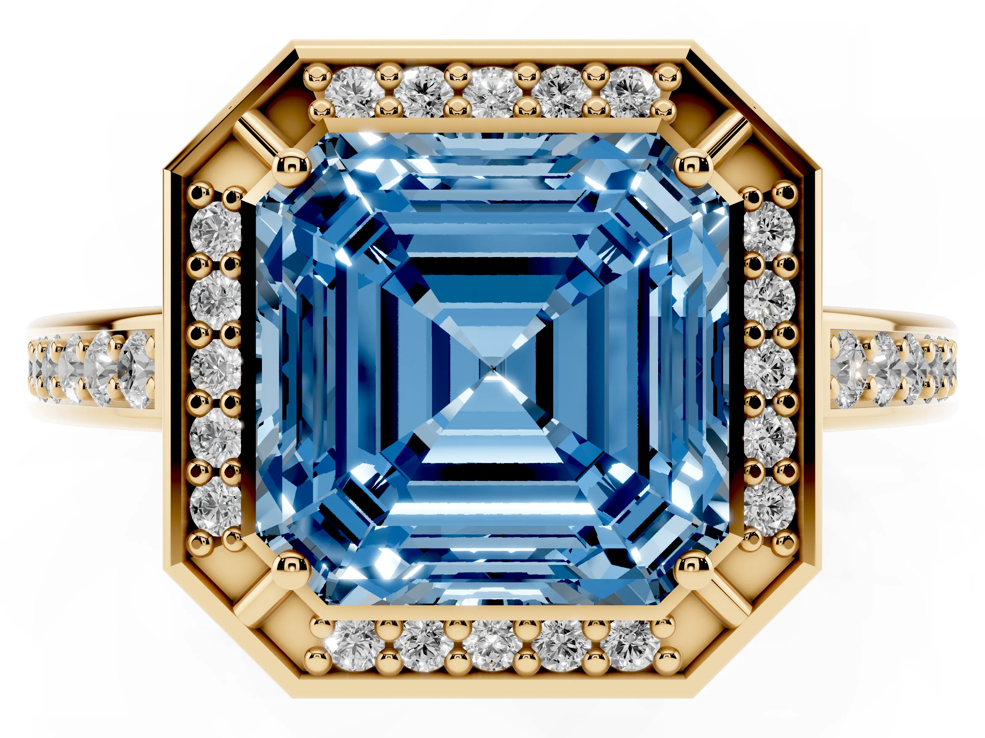 Fancy Blue Asscher Cut Diamond Halo Pavé Split Shank Ring Set in Yellow gold with Prong Setting