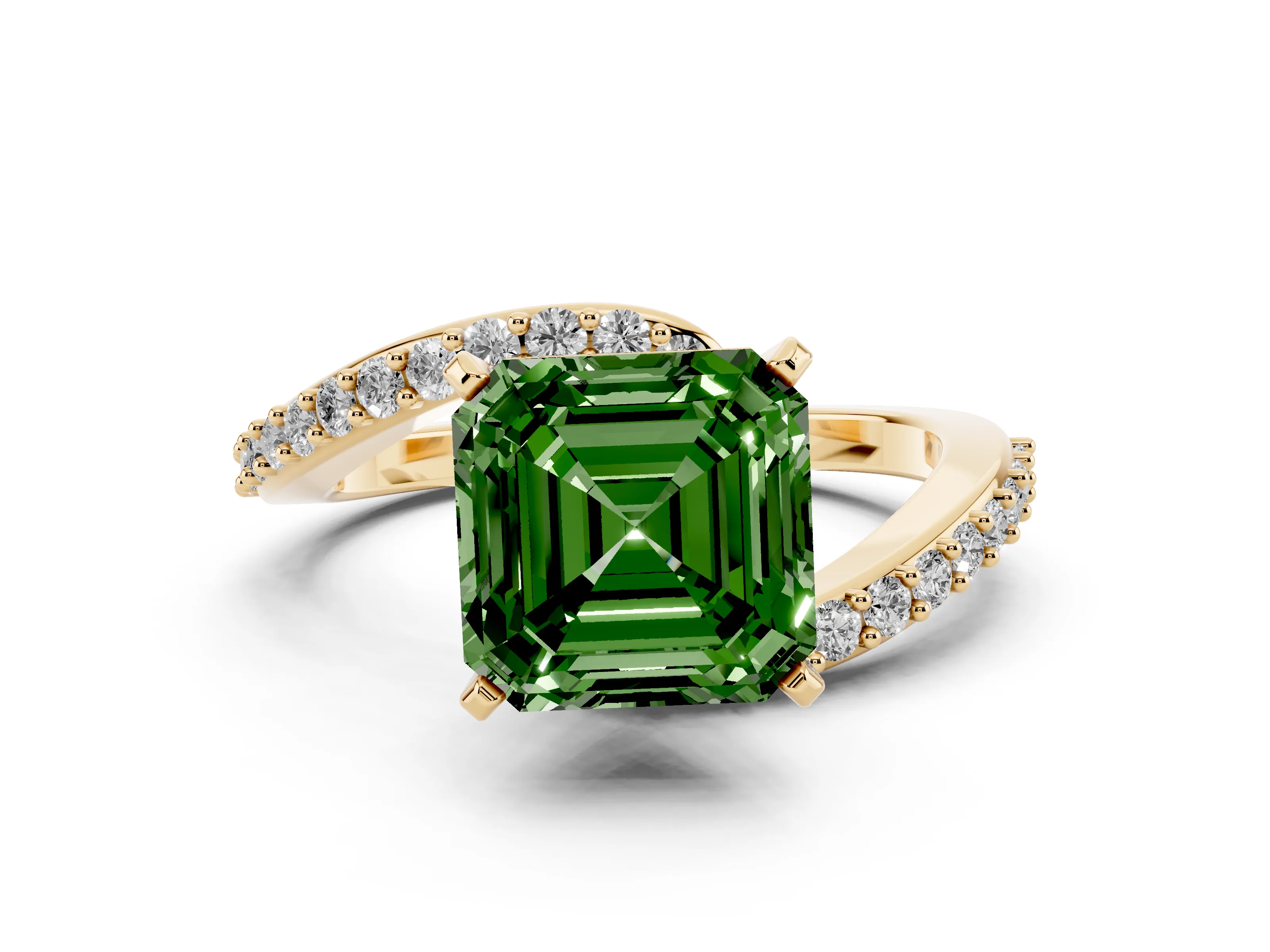 Fancy Green Asscher Cut Diamond Solitaire Ring Set in Yellow gold with Pavé Twist Band and Prong Setting