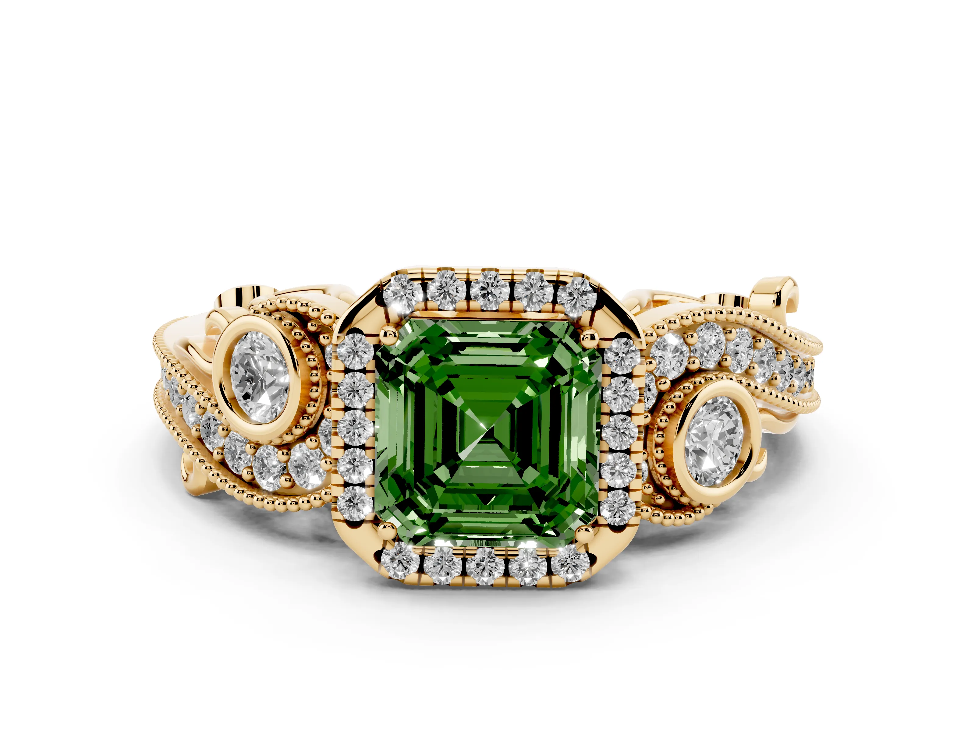 Fancy Green Asscher Cut Diamond Halo Ring Set in Yellow gold with Milgrain Pavé Band and Prong Setting