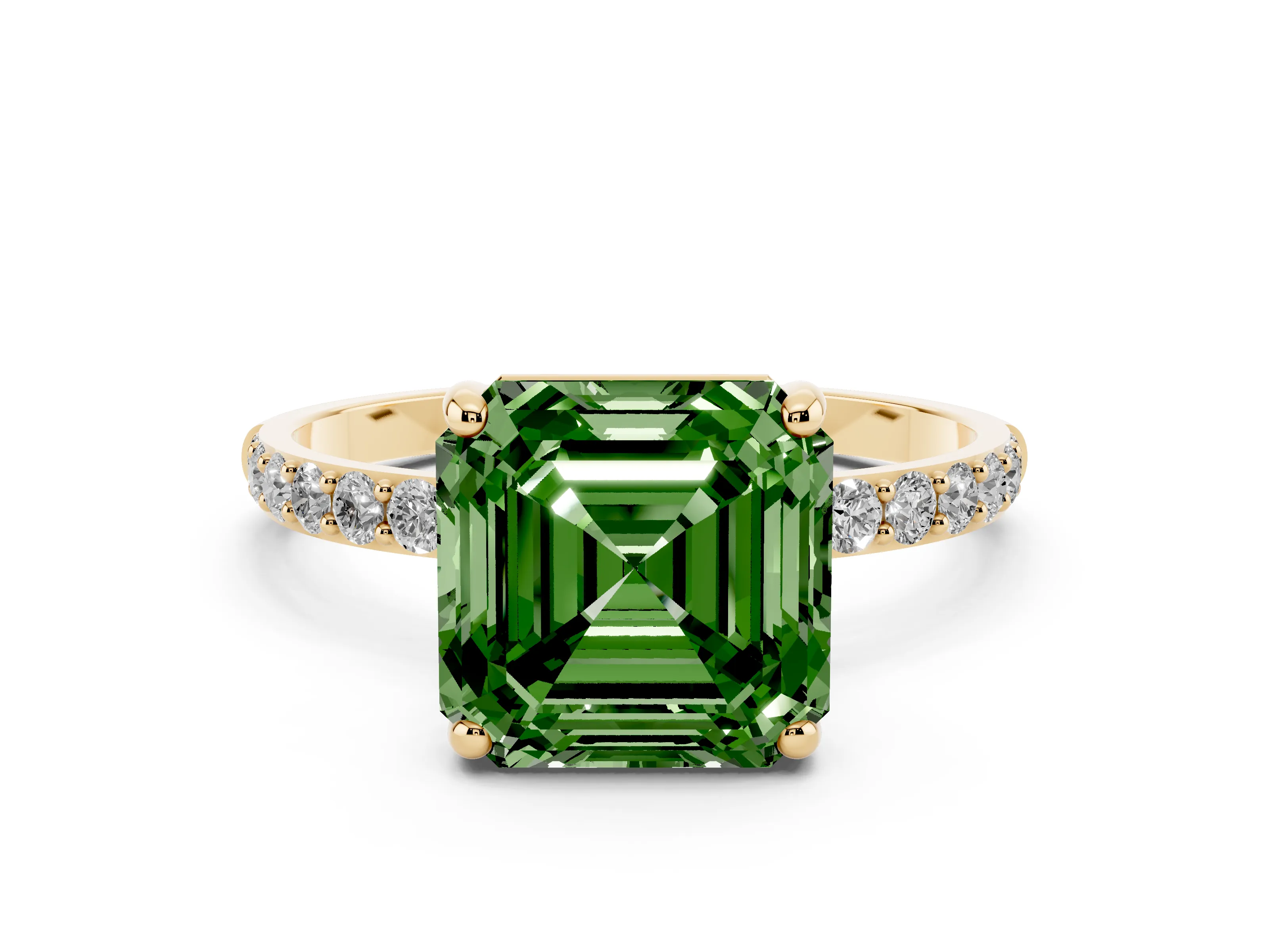 Fancy Green Asscher Cut Diamond Solitaire Ring Set in Yellow gold with Round Pavé Band and Prong Setting