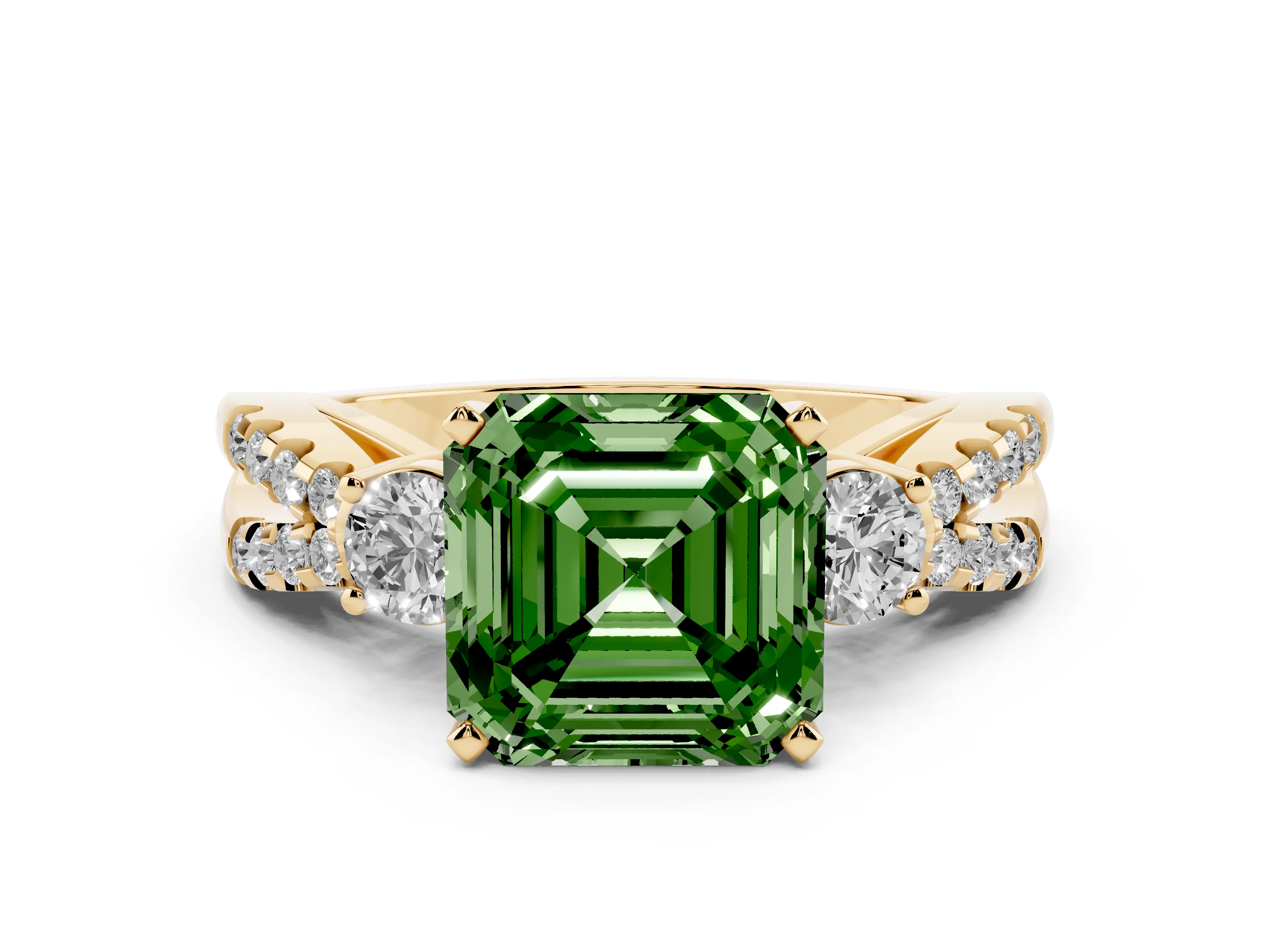 Fancy Green Asscher Cut Diamond Three-Stone Ring Set in Yellow gold with Pavé Split Shank and Prong Setting