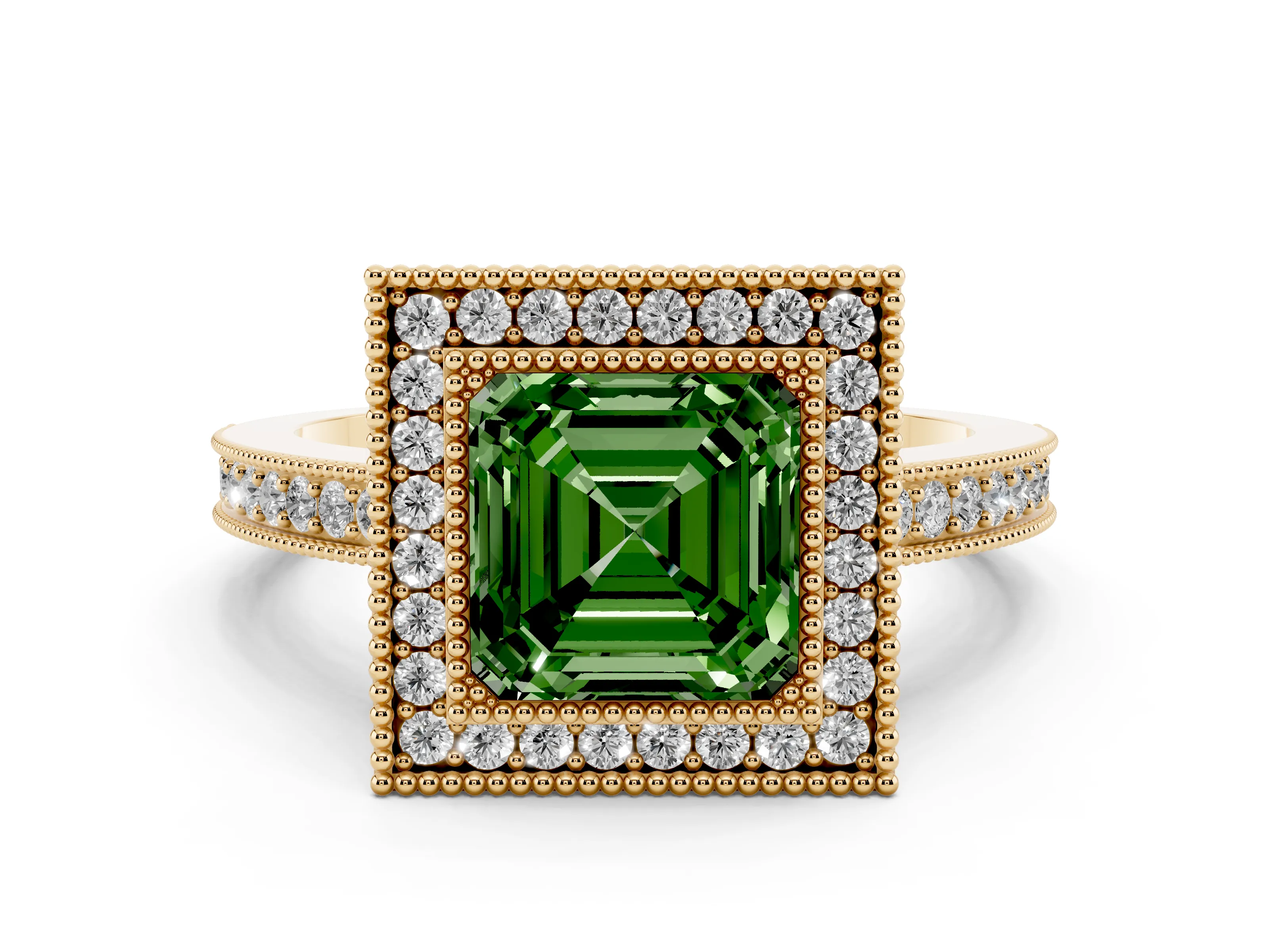 Fancy Green Asscher Cut Diamond Round Halo Ring Set in Yellow gold with Pavé Band
