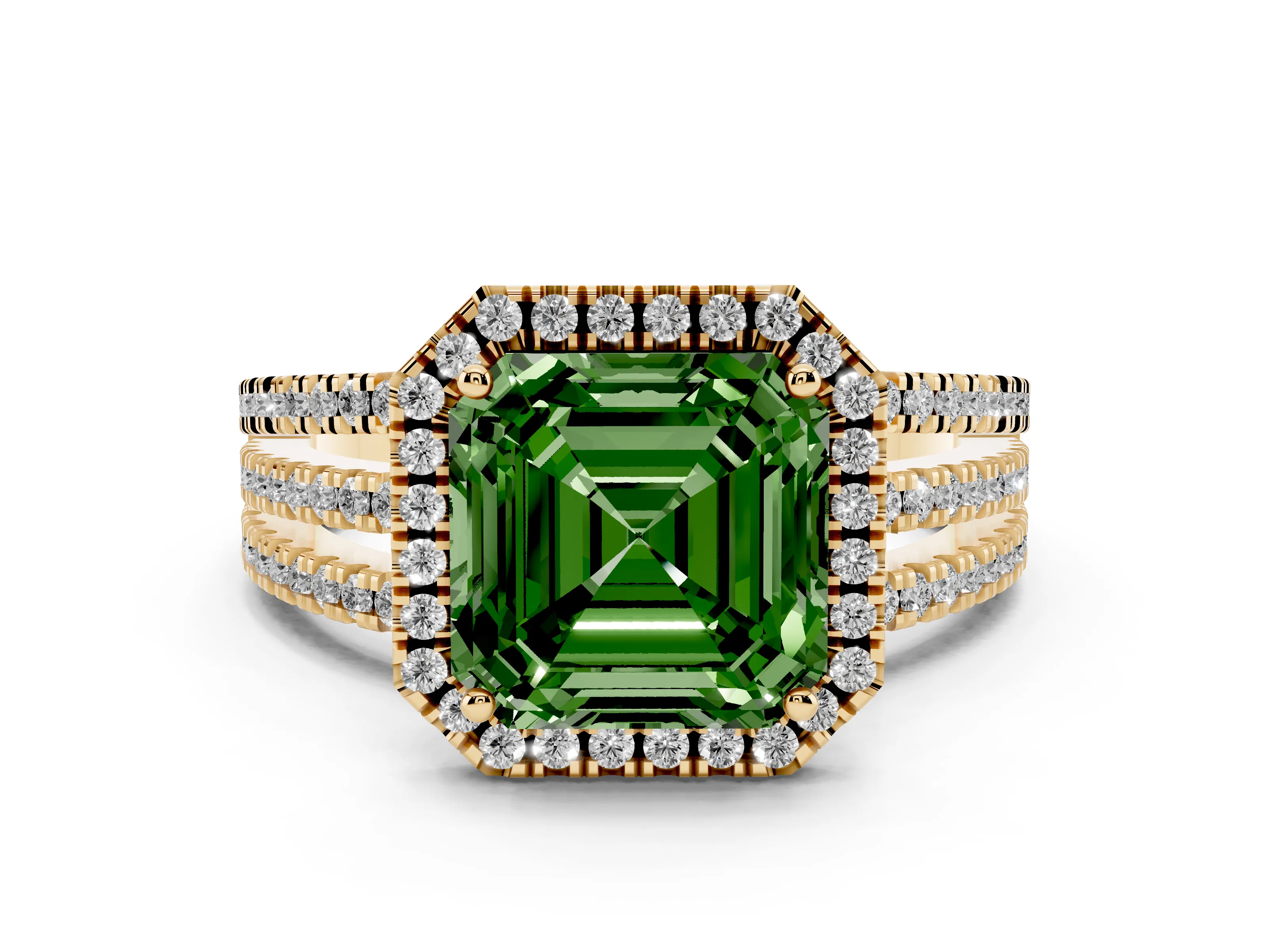 Fancy Green Asscher Cut Diamond Halo Split Shank Engagement Ring Set in Yellow gold with Prong Setting