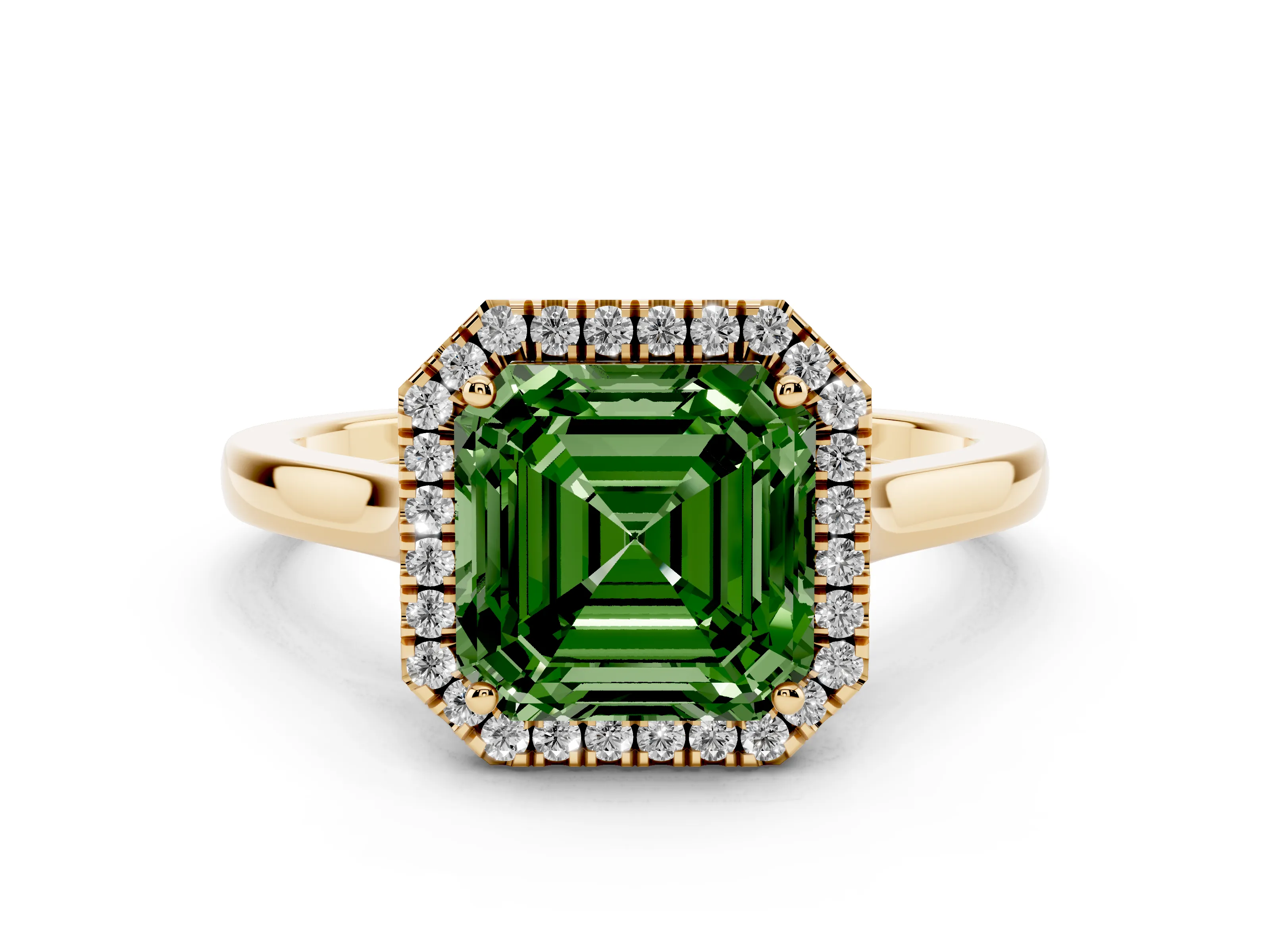 Fancy Green Asscher Cut Halo Round Diamond Solitaire Ring Set in Yellow gold with Pavé Band and Prong Setting